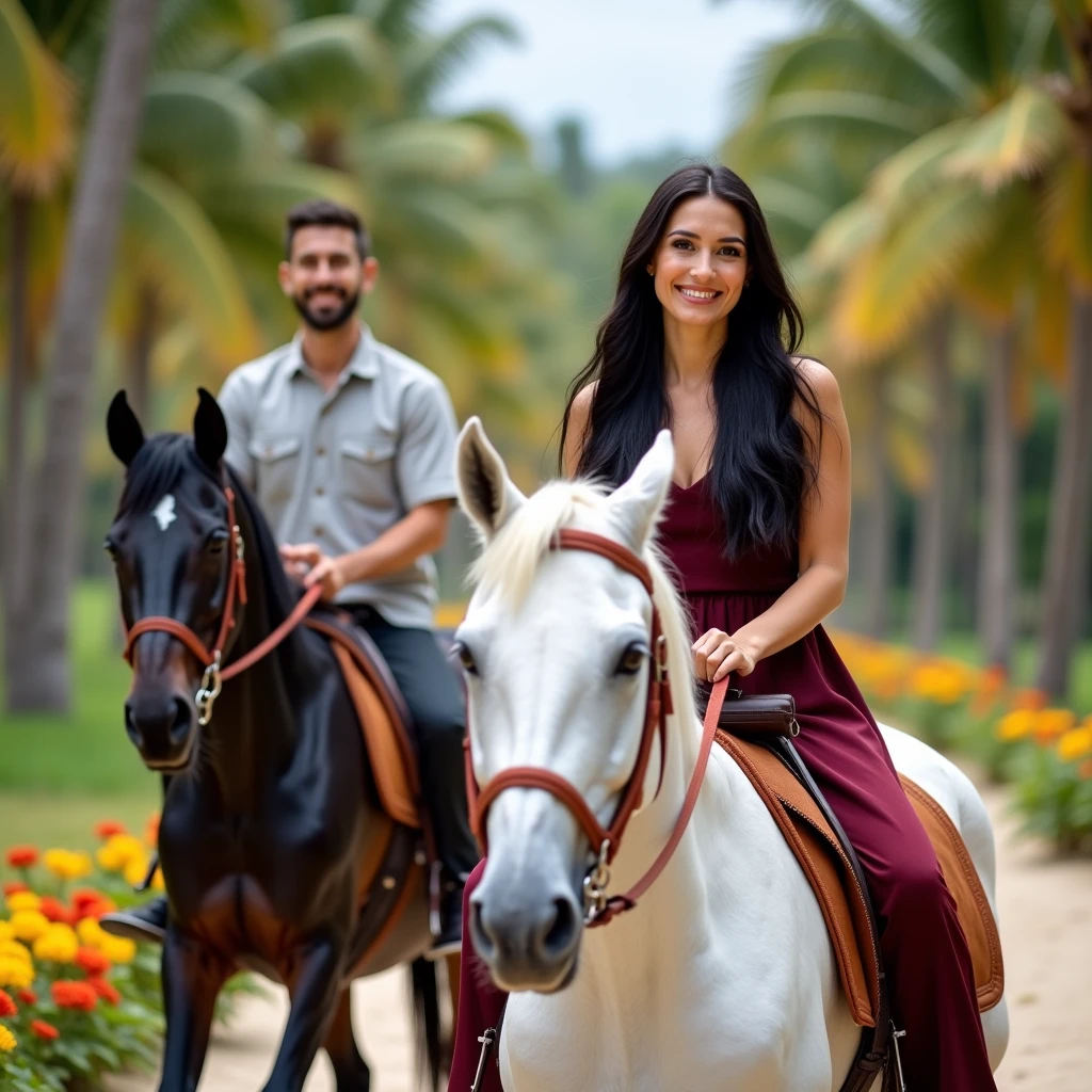 A beautiful Italian female supermodel, with long straight black hair, 2, inspiring, riding on a white unicorn horse, wearing only a shiny red satin bra in the foreground of a purple flower.  Riding a horse, he is happy.  She is athletic and fit.  Raised chest. Excellent quality, high detail.   8k image, low angle.   Dutch shot, look.   Her breasts are prominent, her attractive and attractive figure is happy