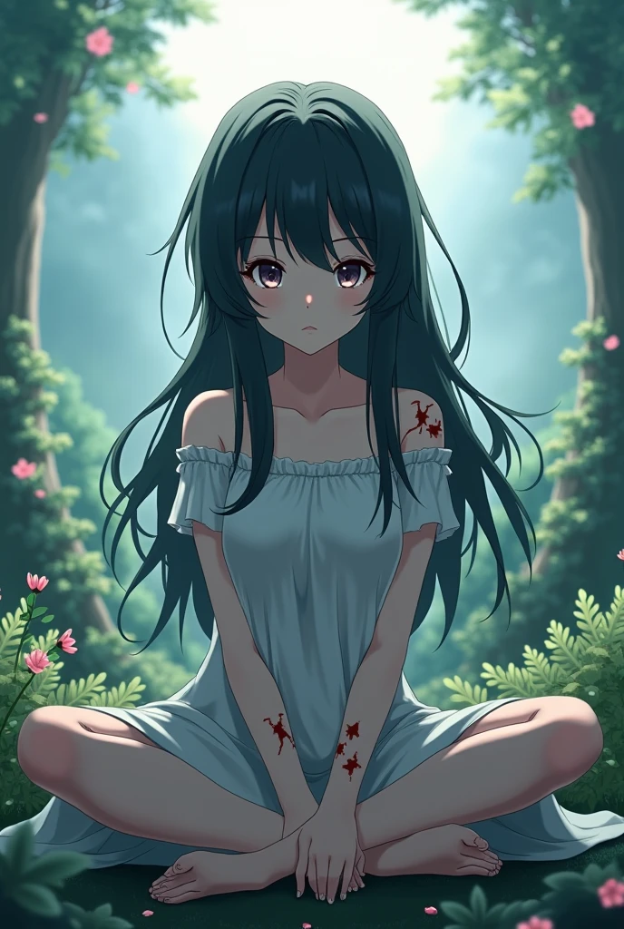 Anime girl with long black hair, purples eyes, light brown skin, Her dress is dirty and torn, black marks on her body with ink running down her face and making her stand in a forest 