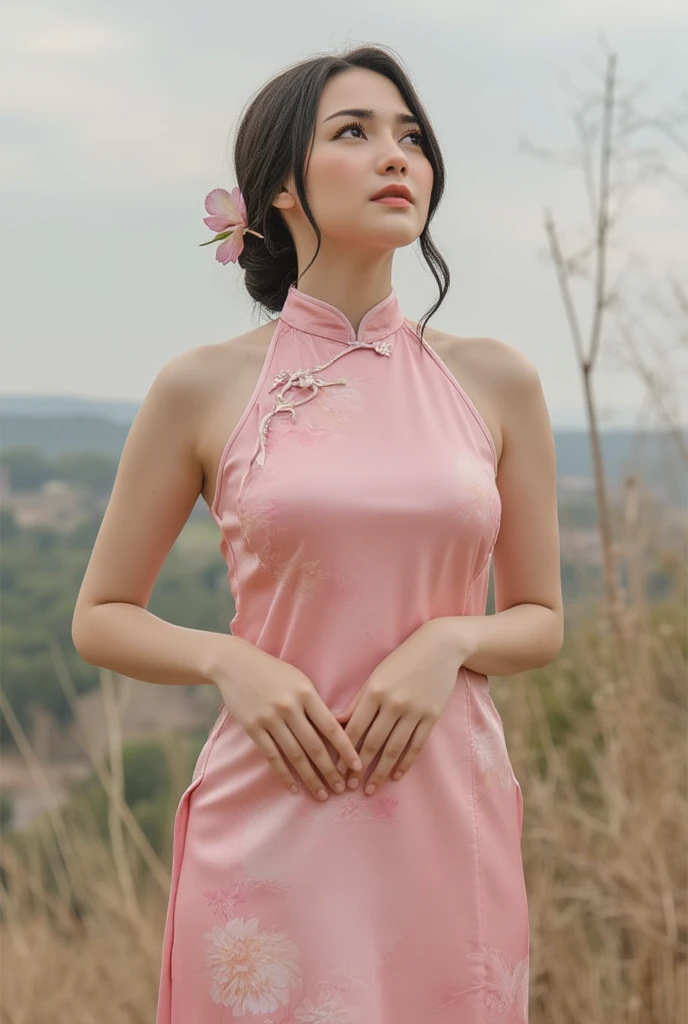 (Small underboob,Tomboyish,small heads)), (perfect bodies: 1.1), (shoulder length straight short black hair: 1.1),极其细致的CG 8k壁纸），（Extremely refined and beautiful），（masterpiece），（best qualtiy：1.0），（超高分辨率：1.0）,upper body，[A high resolution]，cheerfulness，smile,(Smooth and flawless fair skin:1.5),(shiny skin:1.5),ultra - detailed ，Elongated legs,(Small breasts:1.1),Flat chest,underboob,Slim，emaciated,(dunhuang_dress:1.5),(dunhuang_background:1.4),Close shot，midday sunlight,(yoga lotus Sitting on a pink lotus throne:1.4),(close eyes:1.3),(open mouth:1.2) ,(female orgasmic:1.3), (blush:1.3),(self-hugging:1.3),meditating,from front,(very short pony tail:1.2),cowboy shot,(sweat:1.6),(Portrait above chest level:1.3)