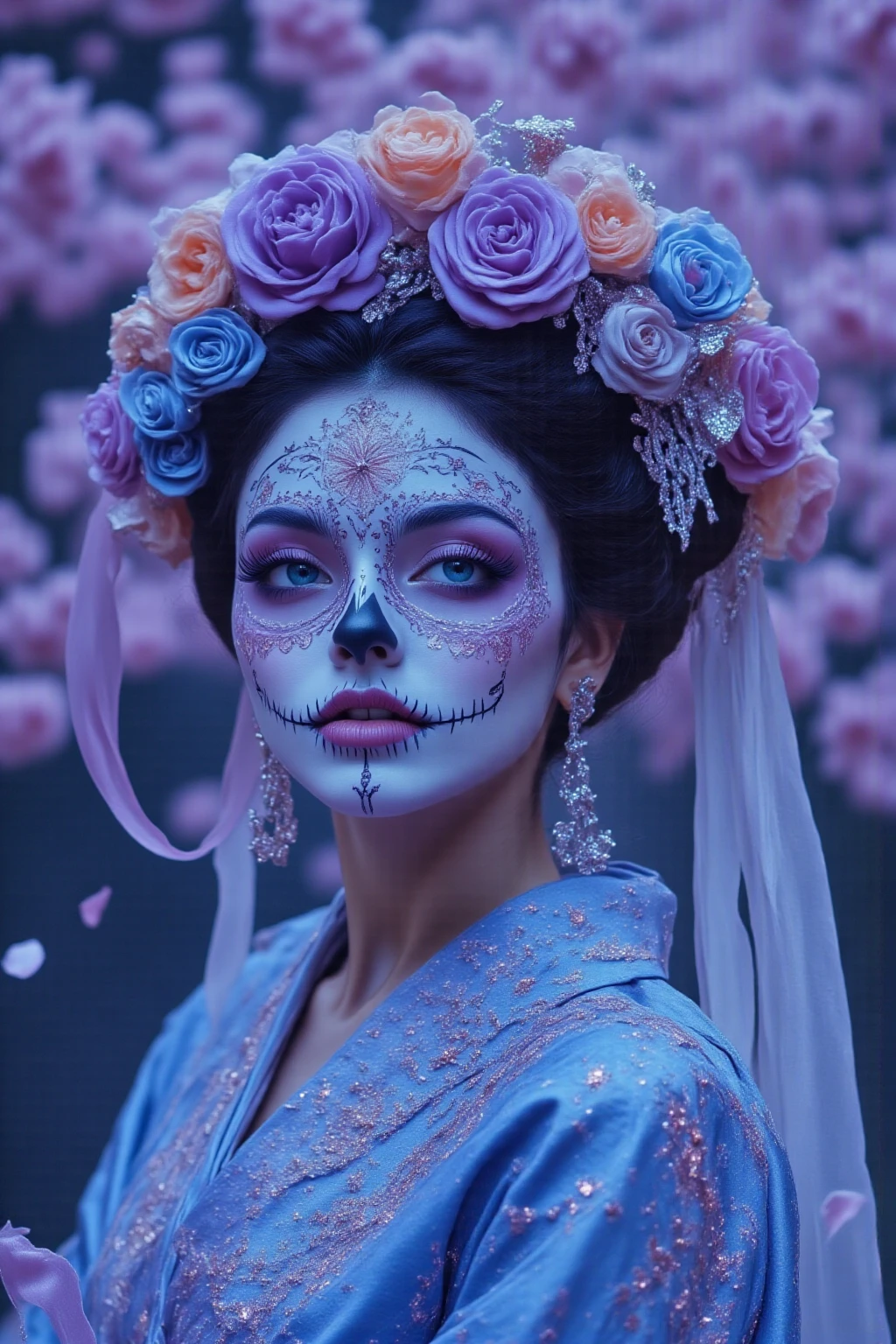 (best quality, 8K, Masterpiece: 1.3)), Sharp focus: 1.2, A beautiful woman with a perfect figure. Highly detailed  and skin textures, Detailed eyes, Double eyelids, smile, look at viewer, purple short hair, upper body, put on makeup, blurry background, white skin, Face Paint, white skin, Black Dresses, Holding equipment, Zombies, light purple lips, __background__ Full of busy people