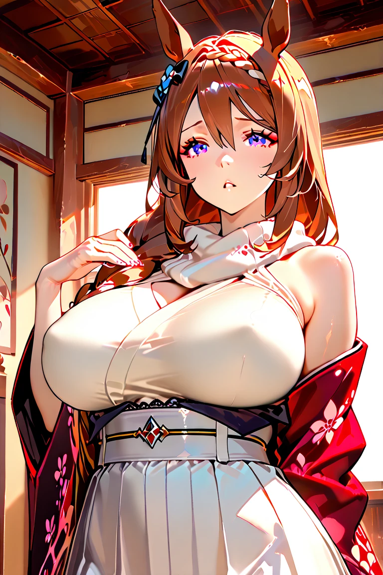 High resolution,masterpiece, Highest quality, Kuo Shenlin , heterochromia , Brown hair, (((nsfw))) , (((busty))),1girl, sensual body, Her cheeks flushed , silk lingerie , kimono , japanese night city