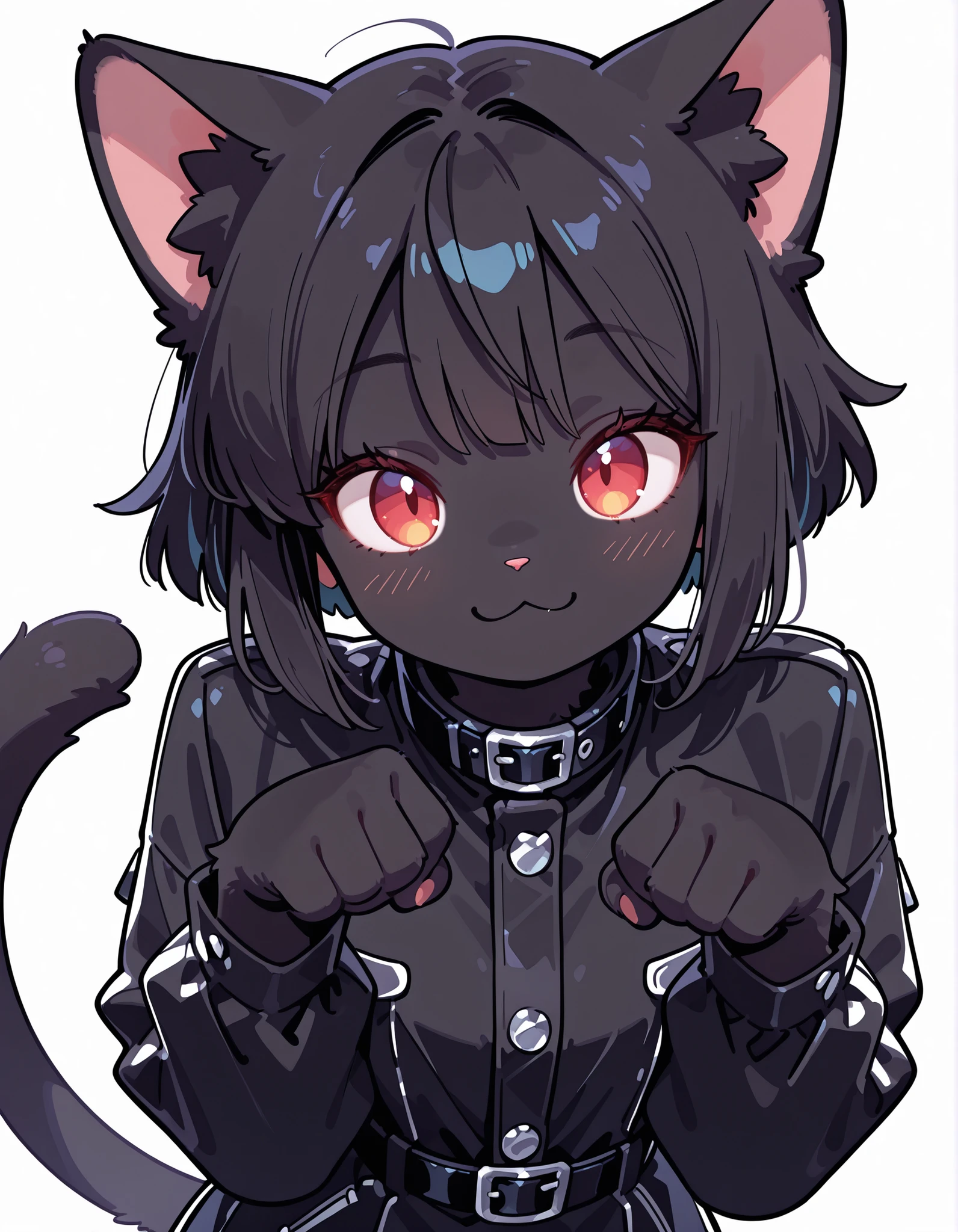 Minimalist Coloring, Fancy coloring, mitsumi, tinosquare,, masterpiece, best quality, very aesthetic, 1girl, solo, white background, looking at viewer, portrait, paw pose, :3, furry female, cat girl, animal ears, black hair, short hair, black skin, red eyes, cat tail, black jacket, buttons, long sleeves, black belt, collar, masterpiece, best quality, 