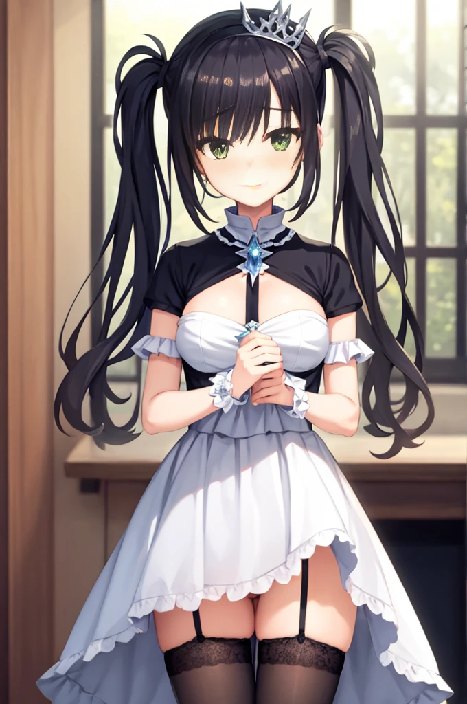 1girl,solo,(cowboy shot),standing,(black hair:1.4),long hair,(cat ears:1.2),(green eyes:1.2),(black rugged collar),(beautiful fingers:1.4),(perfect anatomy:1.4),(arms_behind_back:1.6),(cold_shoulder:1.2),BREAK,(pure white silk lace glossy lamé wedding dress:1.6),(pure white leotard:1.4),(latex luster shiny glossy:1.6),(shiny_clothes:1.6),medium breasts,beautiful breasts,masterpiece,best quality,(Ultra high definition eyes:1.2),8k,(Beautiful detailed eyes:1.2),(Fine and beautiful eyes:1.2),(pretty eyes:1.2),finely detail,extremely CG, absurdres,high resolution,illustration,Detailed and beautiful outlines,finely detail,high resolution,(colorful refraction:1.4,Increase saturation:1.2),beautiful lighting,dynamic lighting,closed room,black background,simple background, smile,looking at viewer,Rem Galleu,(pure white wedding gloves:1.4),(pure white thigh boots:1.4)