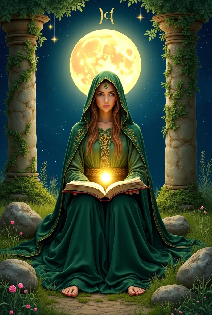 Prompt (English, ultra-detailed for visual AI):

*A mystical young woman stands in the heart of an ancient enchanted forest, bathed in darkness. Her skin is a warm caramel brown, her dark eyes expressive, and her long, wavy black and silver hair, sprinkled with fine silver strands, cascades down her back. A silver crescent moon is affixed to her forehead, a symbol of lunar magic and divine wisdom. Her face and body are adorned with intricate tattoos of flowers and vines that seem to vibrate with a faint natural energy, and small gold piercings accentuate her nose, ears, and lips.

She wears an elegant, flowing black and gold gown with wide, translucent sleeves, adorned with delicate embroidery reminiscent of leaves and flowers. The fabric flutters gently in the forest breeze.  Around her neck hangs a thin silver chain adorned with a softly glowing green gemstone pendant.

In her right hand, she holds a large staff topped with a luminous golden crescent moon, radiating a warm magical light and surrounded by floating golden particles. In her left arm, she holds an ornate, leather-bound book titled "Cards," engraved with sunbeams and arcane symbols on the cover—a grimoire of divination. Her fingers are adorned with silver rings, bracelets wrap around her wrists, and her posture is both serene and powerful.

Behind her, the forest is bathed in shades of green and gold, as soft rays of light filter through the canopy. Tiny glowing fireflies float in the air, and faint magical sparks surround her. The whole thing exudes a calm, mystical, and magical atmosphere—a blend of natural beauty and arcane power.

 Fantastic realism, soft, ethereal lighting, intense details, forest background, magical glow, enchanted atmosphere, tarot witch aesthetic, divine feminine energy.*