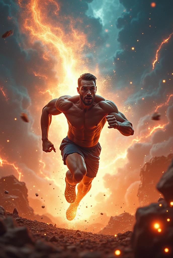 A powerful figure with clenched fists, charging forward on a glowing path filled with obstacles. Each obstacle crumbles into stepping stones beneath their feet, representing how challenges are transformed into growth. The background shows a vibrant sunrise breaking through the darkness, symbolizing creating your moment.