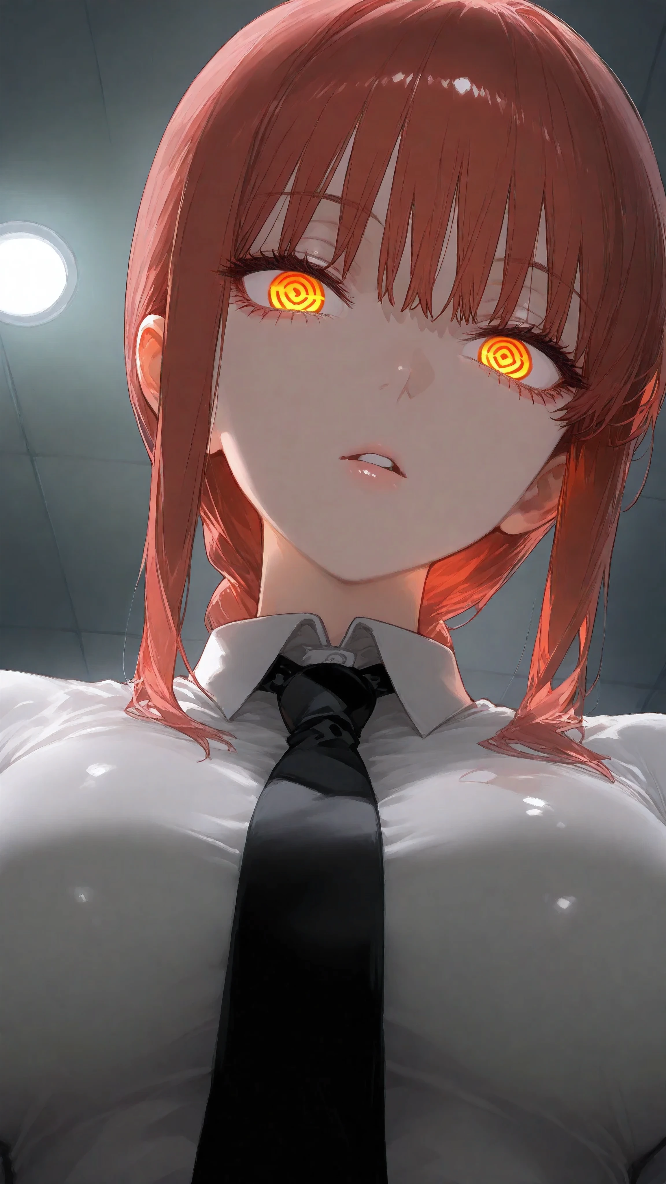 shiny skin , shiny , masterpiece、top quality、 in detail,, (breasts closeup shot:1.2), (from below:1.2), from front, ceiling, from below,pov lap pillow, sleeping,,At the parking area, 1boy, denji, 1girl, makima \(chainsaw man\), chainsaw man
