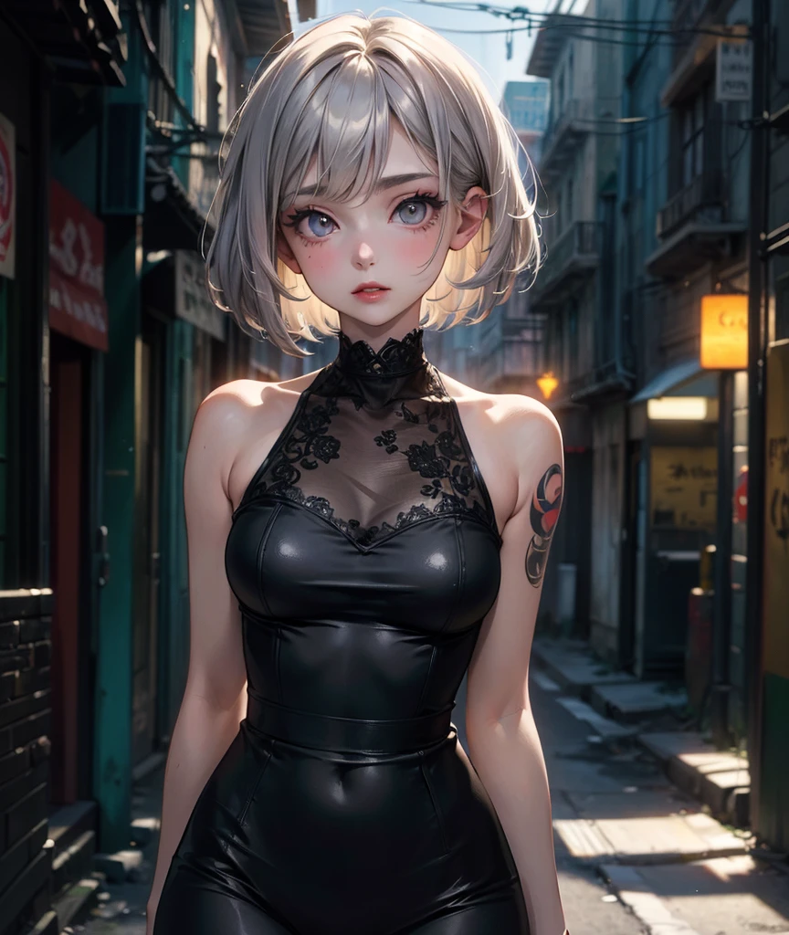 (masterpiece, High resolution, highest quality), ((20 year old woman, Composition from head to stomach, Upper body focus)), fashion pose, detailed eyes, Avant-garde makeup, messy short hair:1.2, ash gray hair, blurred background, The deserted backstreets of Cuba:1.3, cinematic lighting, anime style, simple lines, digital painting,