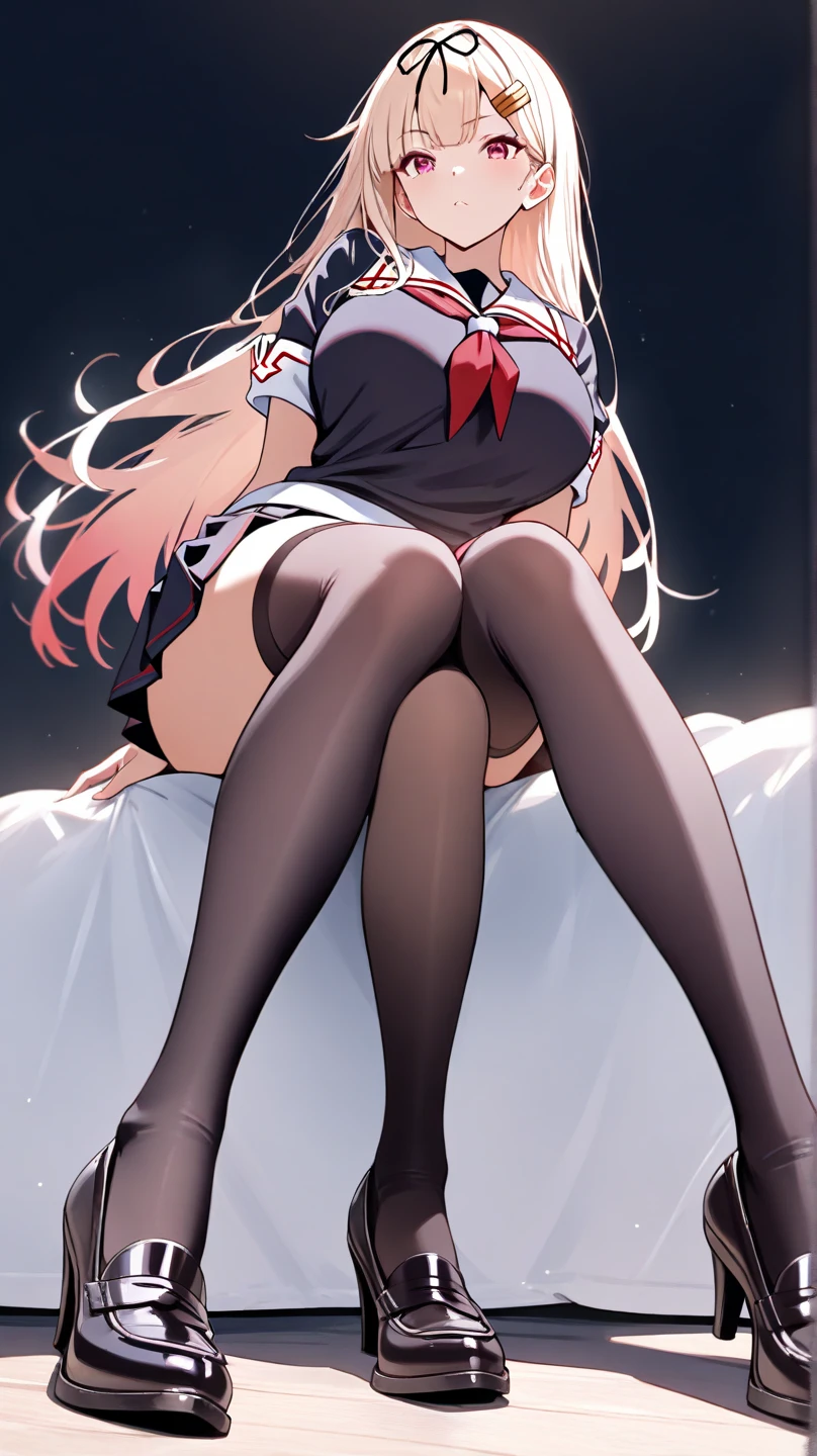 Masterpiece,Best Quality,(Super Detail),perfect writing, Highly detailed CG,Super detailed,(Highly detailed eyes,Very cute face,Highly detailed face:1.3),Beautiful Anime Girl,(Solo Girl),(Super huge boobs:1.4),(super huge breasts:1.4),(Sensual,Glamorous:1.4),(pink,very Long Hair,wave),(Big light purple eyes),Collared shirt,short sleeve shirt,Pleated skirt,lying on the bed,on back,school tight,pink pillow , pleated skirt, zettai ryouiki,high resolution,heart shaped pupils, plaid skirt, black stocking,claw pose,lie on bed,liying , full body , toe,full body seen,full-face blush,sexual climax,arms up,Young features,(Loli:1.4),Elementary school girls,Close one eye, With tears in her eyes and her mouth open,open mouth,