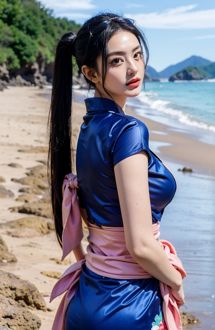 1girl, 25 years old girl, beautiful, POV from back, looking at viewers, wearing yellow dress, white headband, golden earing, (Large D breast: 1.6), real skin, realistic skin, detailed skin features, detailed skin texture, detailed clothes features, body proportions, voluptious body, ultra-detailed long hair, black hair, short bangs, real face, detailed facial features, beautiful eyes, (red eyes: 1.45), detailed eyes, smile lips, gloss on lips, detailed face, best quality, masterpiece, 8k, RAW photography, natural lightning, (Best Quality:1.4), 8K resolution, High resolution, (Photorealistic, High resolution:1.4), Raw photo, (Realistic, Photorealistic:1.37),