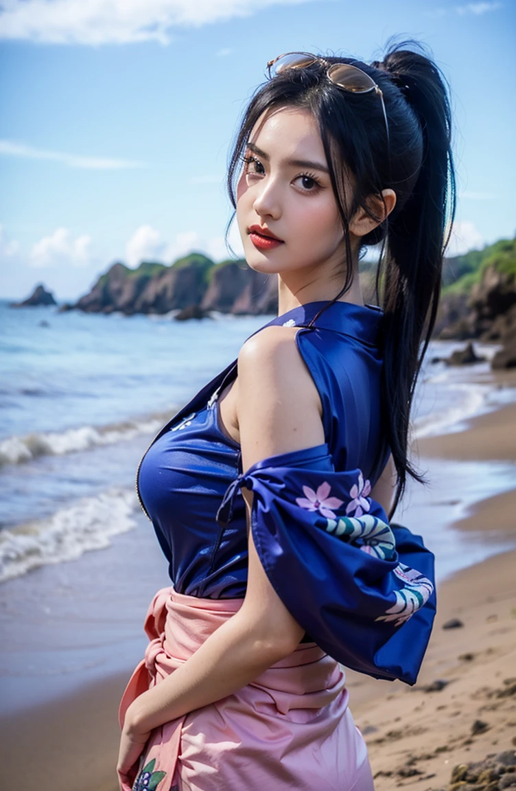 (((beautiful))), Mary,Blue sweater, White jacket, Cropped jacket, Long sleeve, Open clothes, Ribbed sweater, Armband,, Huge breasts,(((Shiny skin))), ((Intricate details)), High resolution, ((Intricate details, Ultra-detailed)), Cinematic shots, (((Sit on the beach, sunset))), Vignette, Works by Alfonso Mucha