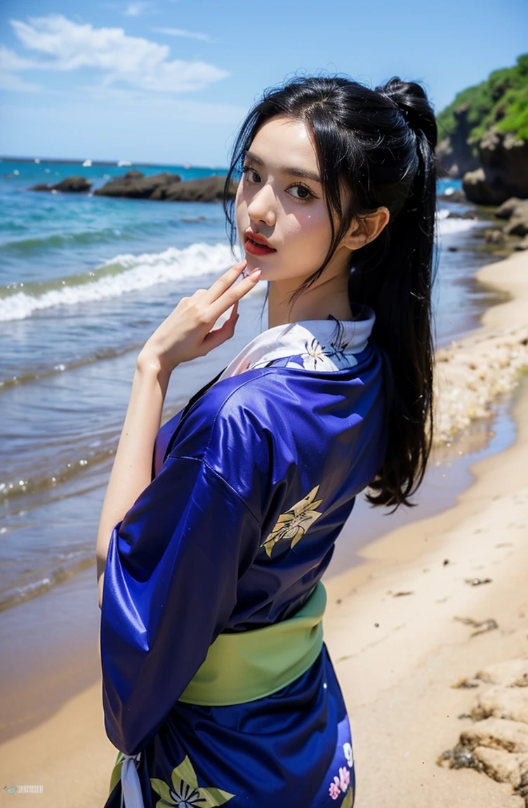 ​masterpiece, top-quality, hight resolution, hancock1, 1girl in, Boa Hancock,, length hair, epaulette, Cape, side slits, cowboy  shot, is standing, looking at the viewers, A smile、(Sea:1.4)、suns、Colossal tits、looking-down、(Japan Young Women:1.4)、cute little、hi-school girl、eyes large