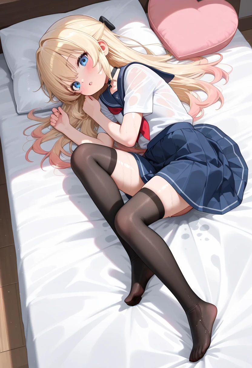 (Best Quality,High resolution,8K,finelity detailed background,Masterpiece:1.2),beautiful girl,Shiny khaki hair,messy hair,khaki eyes,Gentle look,A refreshing look,Best quality,Best Quality,Aesthetic and aesthetic:1.2,Best details((Super detailed))(High-definition CG illustrations),Black underwear (black,intricate lace),bodystocking,Slender body,Late Night,Moonlit Night,Bedroom,On the bed,smile,blush,cute,Scrounge,Looking up,Being spoiled,super model,on back,shoot from below