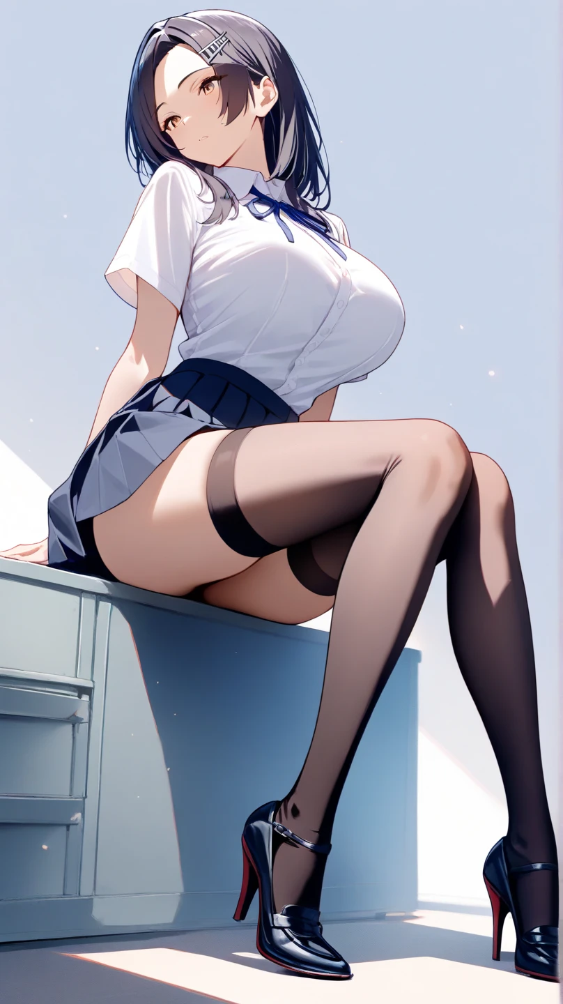 1girl in, embarassed face, Shiny skin, Best Quality, masutepiece, (Game CG:1.4), NSFW, Detailed beautiful face and eyes,爆乳、small area see-through lingerie, Sailor Mercury, I could feel the battle, Serious, Cowboy Shot、large full breasts、Full Moon Night、Beautiful starry sky、((Best Quality)), (Ultra-detailed), Highly detailed, High-definition raw color photos, Professional Photography, ((Beautiful big breasts)), Amazing face and eyes, (See-through panties:1.2)、、big butts、Solo, (Curve:1.1), looking down to viewer, Smile on his face, ((From below:1.5)) Looks Back, ((Leaning forward)), seen from back, , lip stick, makeup, Ultra Detail Hair, ultra detail face, (Purple eyes:1.05), Perfect eyes, Perfect face, earrings, (Confused, blush:1.2), , (black thighhighs, Garter Belt:1.1), zettai ryouiki, , high-heels, (Large breasts:1.1), cleavage, Big ass, thighs thighs thighs thighs, Show panties, ((From the hem of the rolled up skirt to the crotch))