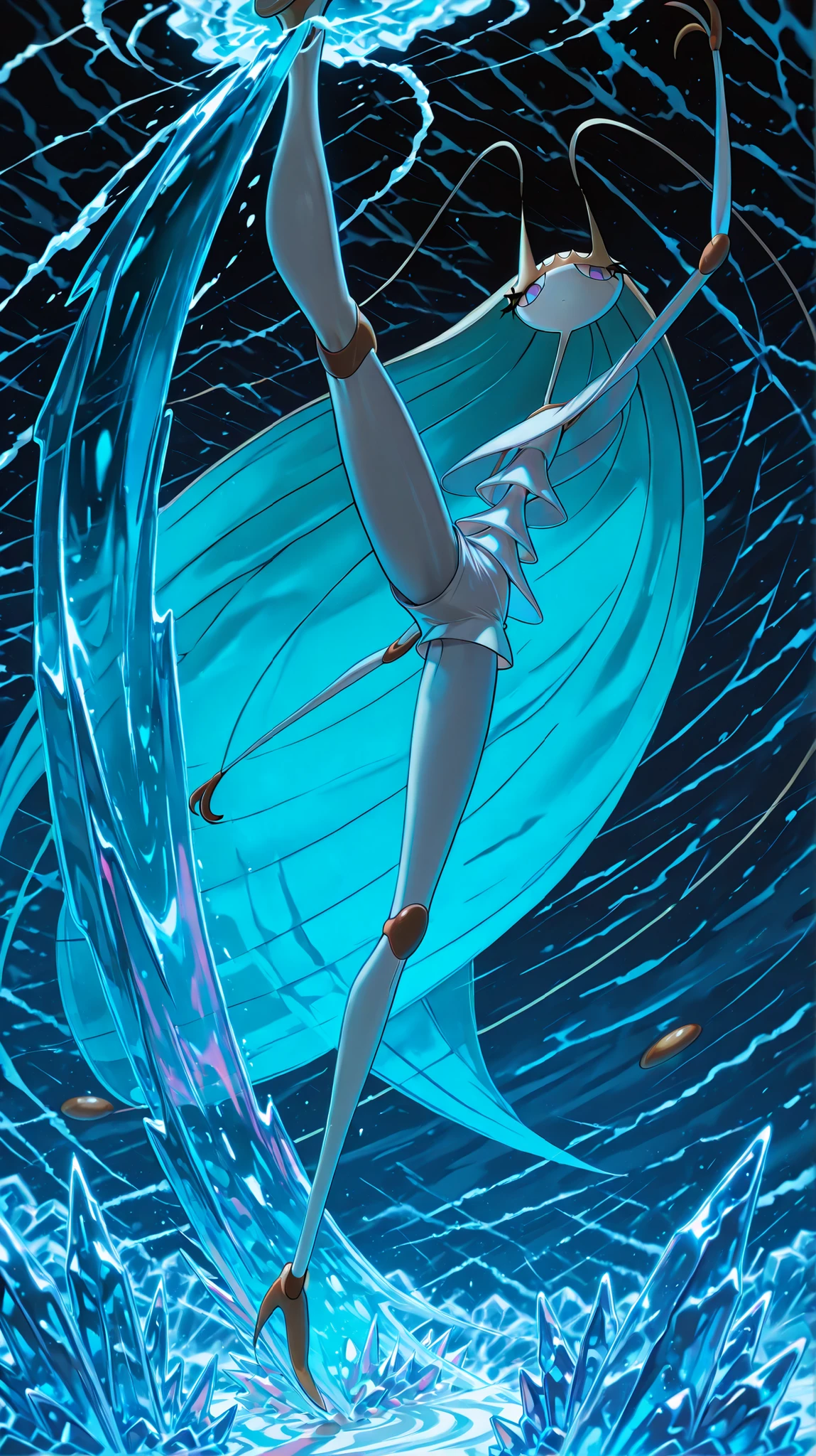 Pheromosa from Pokemon, White Body, Thin Waist, Very Thin Waist, Wasp Waist, Solo,vibrant colors, cel shading, Simplistic Art Style, solo,((jumping kick:1.3)),(action),((acrobat)),(ice storm effect:1.6)