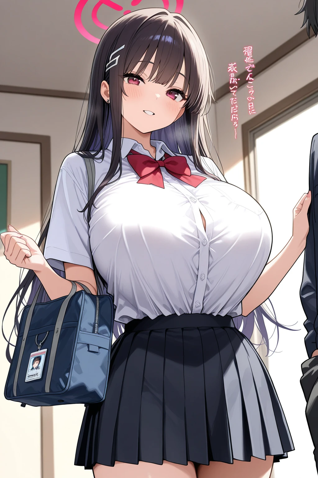 realistic anime art style,(tareme:1.3),(curvy body),black curly hair,(trembling:1.8),(flying heart shapes:1.3),bowtie,dress shirt,pleated skirt,checked patterned skirt,(unpretentious mature woman standing in crowded train),(sweaty),wet thighs,nipple through,(mature face),(anguish and blushed:1.1),look at viewer,full body shot,orgasm
