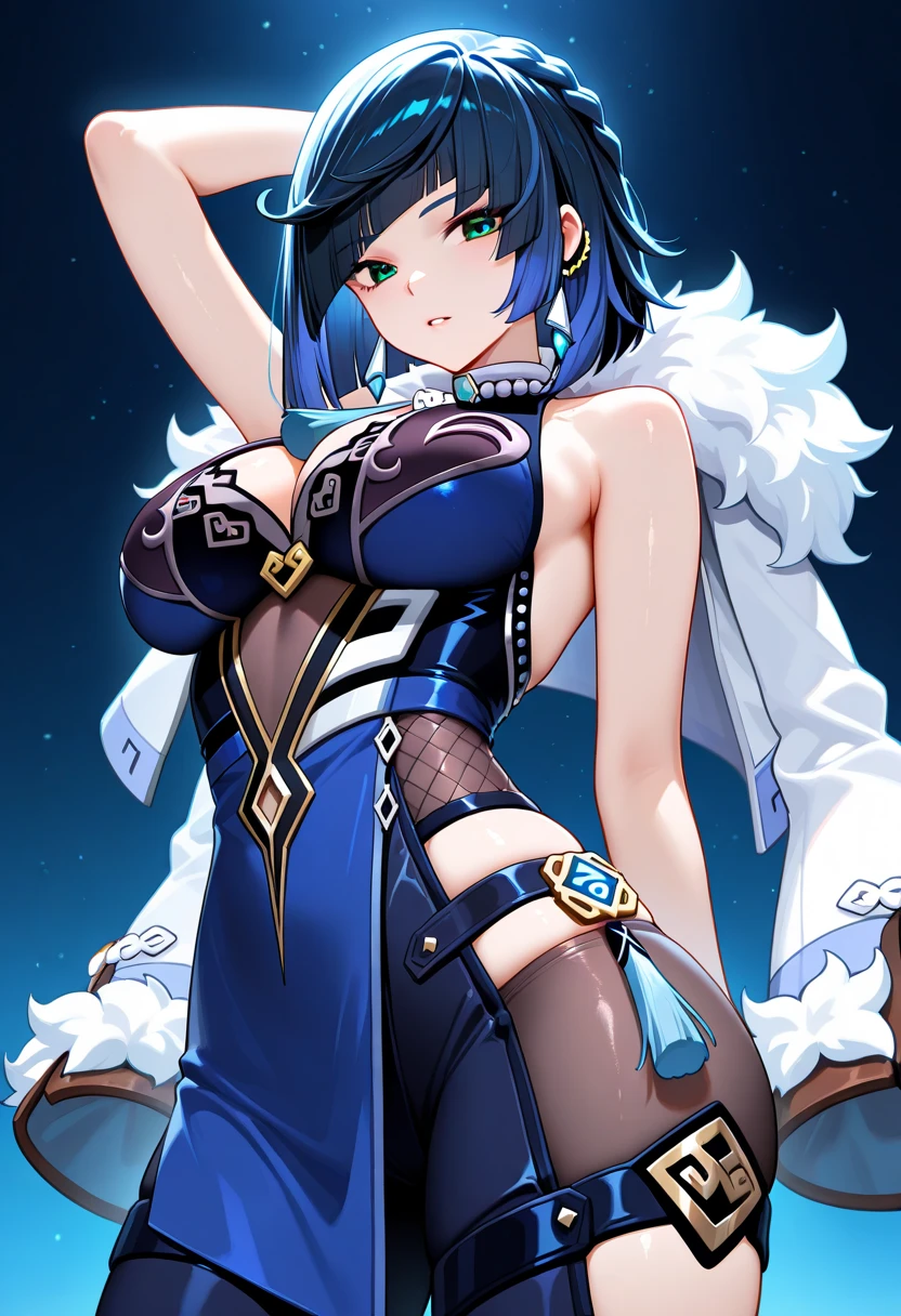 masterpiece, best quality, yelan \(genshin impact\), 1girl, breasts, solo, bangs, armpits, smile, cleavage, jewelry, gloves, jacket, dice, mole, cloud, grin, dress, blush, earrings, thighs, tassel, sleeveless, day, outdoors, large breasts, looking at viewer, green eyes, arms up, short hair, blue hair, vision (genshin impact), fur trim, white jacket, mole on breast, arms behind head, bob cut, multicolored hair, black hair, fur-trimmed jacket, elbow gloves, bare shoulders, blue dress, parted lips, diagonal bangs, clothing cutout, pelvic curtain, asymmetrical gloves,Chinatown, cinematic, warm lights, dramatic light, (intricate details:1.1), complex background  <lora:Yelan_Hard:1> <lora:Garcia-Style-v1.1-final:1>