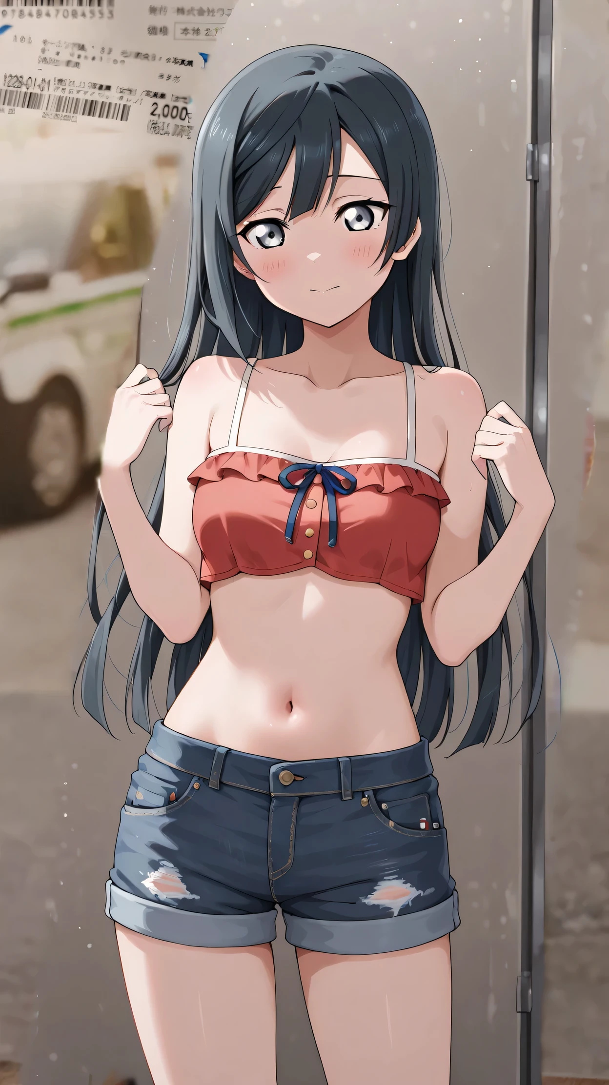 (Masterpiece), Best quality, ultra detailed, 1 girl (Small breasts, black hair, big hair, bangs on the face, red eyes, half-closed eyes), a seductive face, wicked smile, parted lips, facing the viewer, looking at the viewer, solo, pink shirt, cotton shirt, no clothes, one bare shoulder, cleavage, navel, jeans, outdoors, street, standing, sexy waist tease, a provocative pose