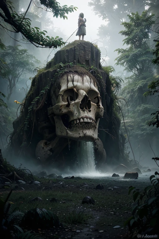 a tropical island, a gigantic human skull shaped cave, strange trees and animals, fog, (best quality,4k,8k,highres,masterpiece:1.2),ultra-detailed,(realistic,photorealistic,photo-realistic:1.37),detailed rock formations,lush vegetation,mysterious atmosphere,dramatic lighting,dramatic landscape,cinematic composition,moody colors,dark fantasy,surreal,epic scale
