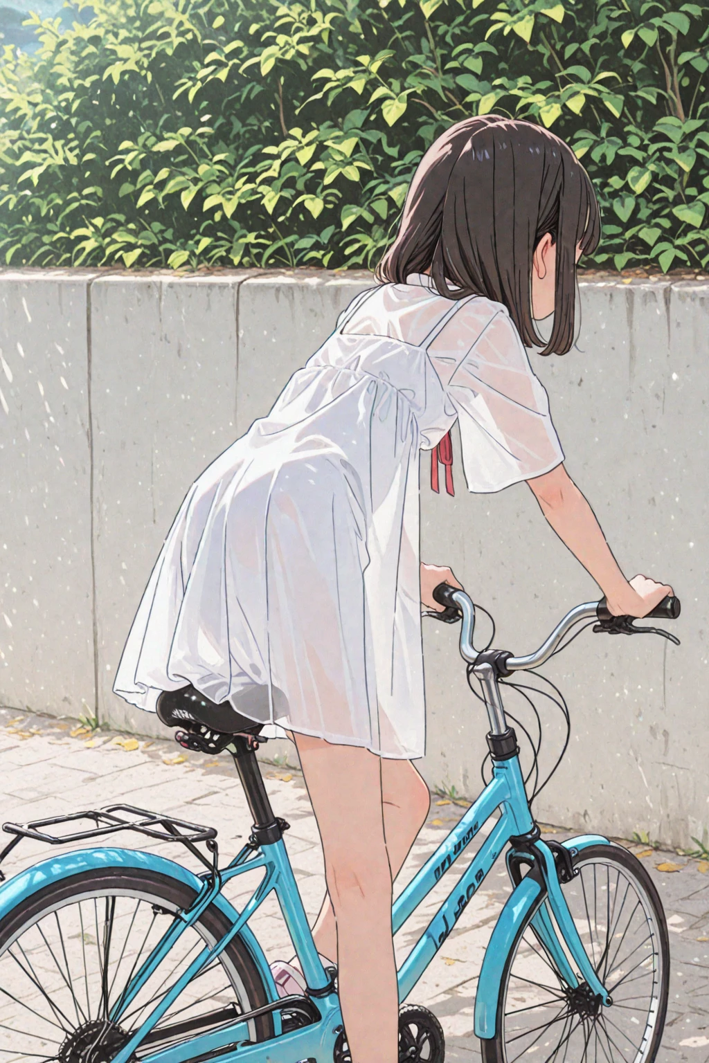 1girl, nude, body, waist-high, wet skin, small breasts, soft tits, short black hair, thin lips, half-closed eyes, nude, pussy juice, (riding a bike:1.2), road, sun, trees, mountains, cars on the road, best quality, masterpiece, (highly detailed face:1.2), highly detailed eyes, cinematic lighting, emotionless, good anatomy, good proportions