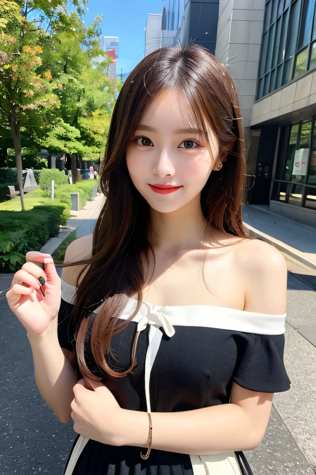 ((Best quality, 8k, Masterpiece :1.3)), 1girl, smiling, full body, slim face, Pretty woman, (Dark brown hair), full length dress :1.1, Ultra-detailed face, Detailed eyes, Double eyelid, blur background, slim face, city, outside, street,medium breasts, (Random body direction),