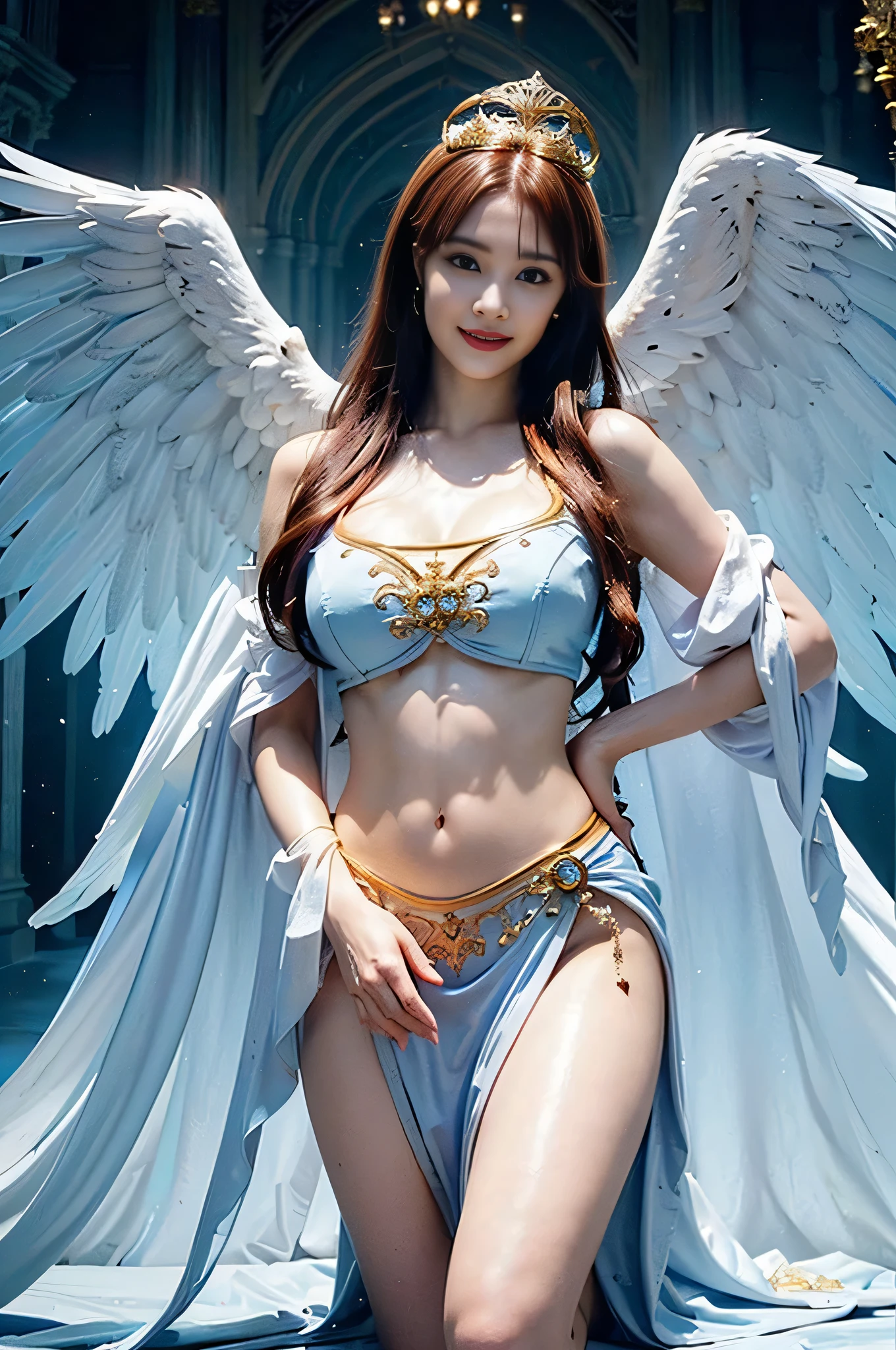 ((Very beautiful angel queen,The final form as a perfect angel, the masterpiece of an angel,Huge and intricate angel wings,The most dignified wings,Golden light,shining background,The most opulent and holy temple background,White and gold temple background,King of Angels,The most dignified angel,Intricate and solemn dresses,Light blue and gold embellishment dress on white,Light blue and gold dress on white base,Complex and majestic angel figure,The most majestic figure of the devil,The most intricately depicted figure of an angel,The World's Most Beautiful,Unimaginable beauties,divine atmosphere,The most intricate and beautiful dresses,Intricate reproduction of the perfect angelic detail,The figure of an unimaginably gorgeous angel,The figure of an unimaginably huge angel)), (((Tyndall effect;1.45))), ((Most beautiful face,Half Japan and half Spanish,The biggest happy smile,Beautiful wavy hair,Black and red hair,The most luxurious and intricate dresses,The biggest smile looking at the camera)),(Elegant standing figure,Fold your hands in front of your navel,)),Chest that seems to burst,Giant wings of angels,The background is the appearance of a perfect angel castle,Masterpiece,8K,very intricate,ultra-detailliert, nsfw