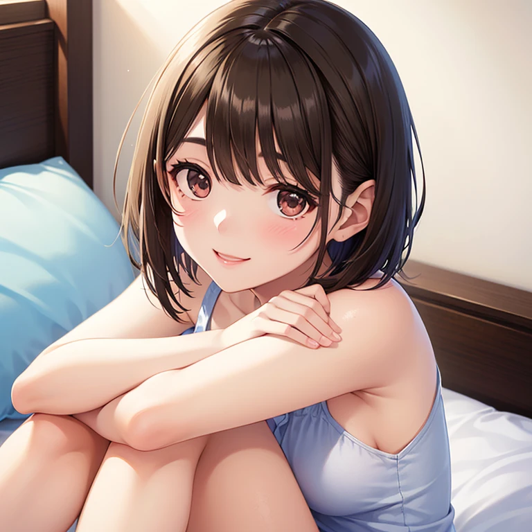masterpiece、top-quality、high resolution、photos realistic、real looking skin、Japan girls at 18 years old、short stature、full body、brown-hair、Beautiful eyes、Shining eyes、embarrassed form、annoyed、camisole、flered skirt、Fully exposed panties, M-shaped legs、Sit and open legs、arms behind back、On the bed in the bedroom at night、linen child panties、nsfw, ((cum))