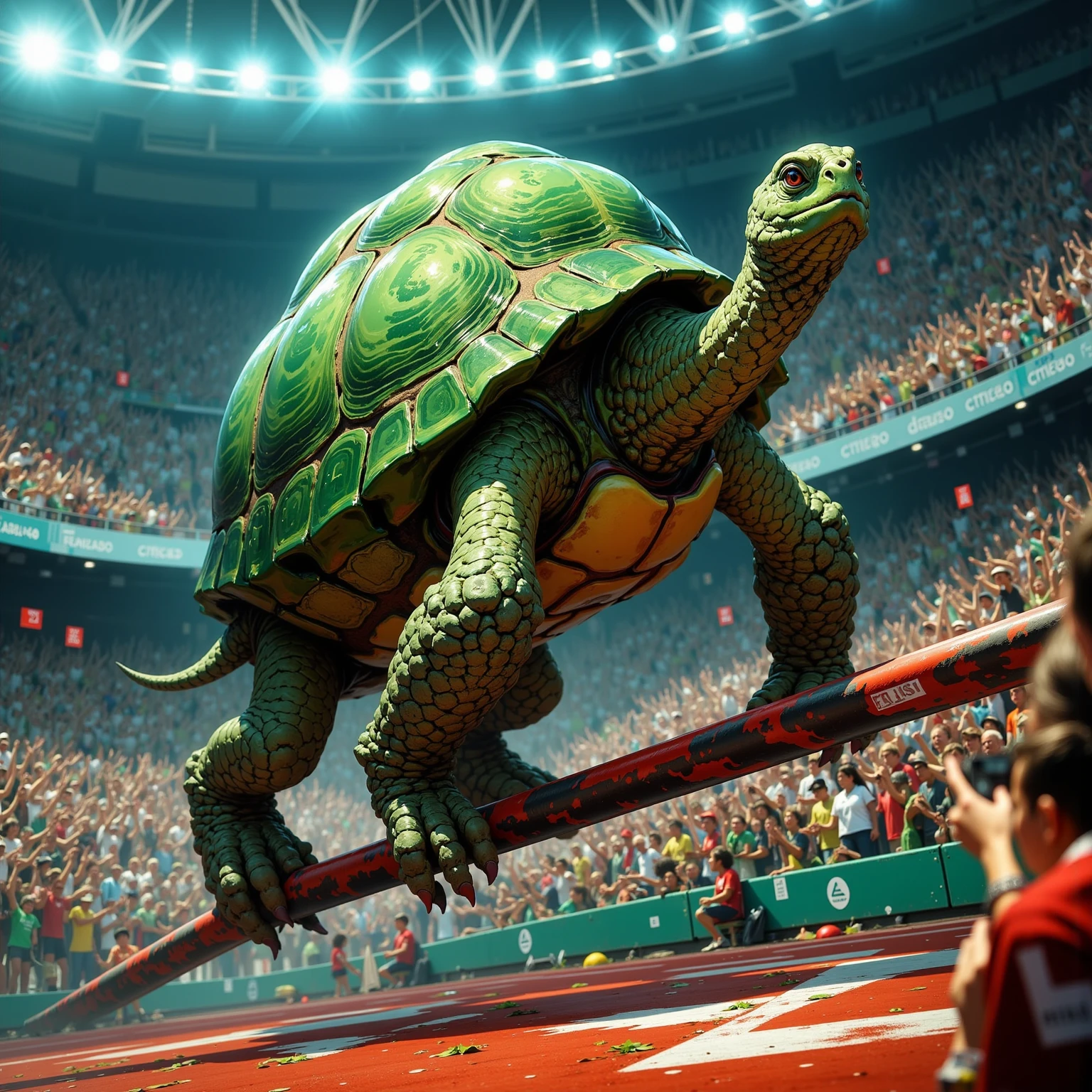a close up shot on a ((anthmorph turtle: 1.3)) sprinter in a running lane getting ready to sprint in the Olympics, tense look, getting ready to sprint, (best detailed face: 1.3), lean muscled body, sweat beads on forehead, , (anatomically correct: 1.4), (full body shot: 1.1) , vibrant, Ultra-high resolution, High Contrast, (masterpiece:1.5), highest quality, Best aesthetics), best details, best quality, highres, ultra wide angle, 16k, [ultra detailed], masterpiece, best quality, (extremely detailed), Cinematic Hollywood Film, Anthro... woman