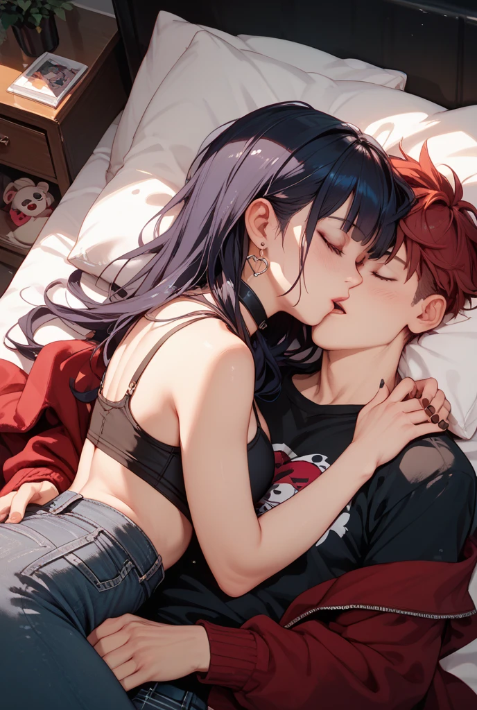 Anime Characters: Mikoto Suoh and Shikomori are in a beautiful bedroom, hugging eachother romantically.

Mikoto is a tall, muscular man with red hair and amber eyes. His red hair is kept short, ruffled, and spiked, with two strands of hair near the opposite sides of his head falling over his face, as well as distinct sideburns. As a teenager, his hair, while still short and ruffled, was messier and his bangs fell across his forehead

He wears a black jeans and a white V-neck t-shirt. underneath.

Miyako Shikimori is a tall teenage girl, with extremely long, flowing, bright pink hair that stretches nearly to her butt, blue eyes, and pale skin. She is wearing a blue jeans and a designer top.

Ultra hd image, beautiful, masterpiece, authentic, lovely.