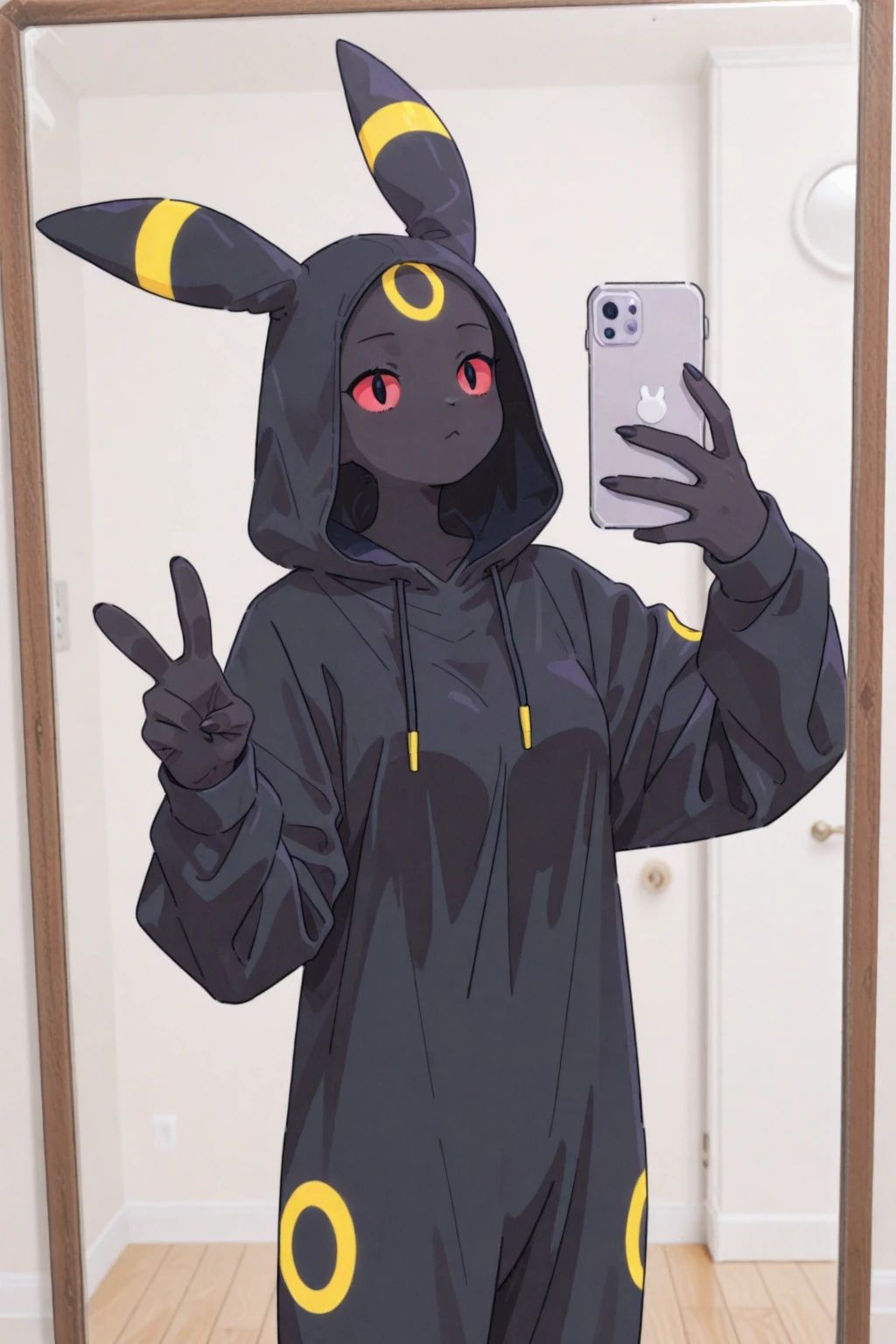 alone, score_9,score_8_up,score_7_up, an anthro furry female Umbreon girl, red sclera, black eyes, wearing loose black hoodie, black panties, holding a cellphone, night background.