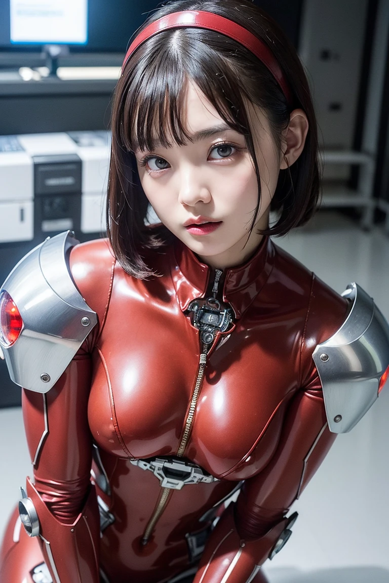 (1 Mechanical Girl)、（Mystical expression）、top-quality、​masterpiece、超A high resolution、(Photorealsitic:1.4)、Raw photo、女の子1人、glowy skin、(((1 Mechanical Girl)))、（Red Metal Bodysuit）、(alien background、Fierce battle with Osite、Fierce battle with alien night monster cliff background)、(Small LED)、((super realistic details))、vertical giant monster background),globalillumination、Shadow、octan render、8K、ultrasharp、Colossal tits、Raw skin exposed in the cleavage、red metal、Details of complex ornaments、Japan details、highly intricate detail、Realistic light、(Mystical expression),CG Society Trenlow Eyes、Eyes shining towards the camera、Mechanical marginal blood vessels connected to neon detail tubes)、(Wires and cables connecting to the head)、Small LED、,Mechanical thighs、Toostock、（Hands are also made of machines.traces on the cliff）、机器人、future alien、astronaut helmet、