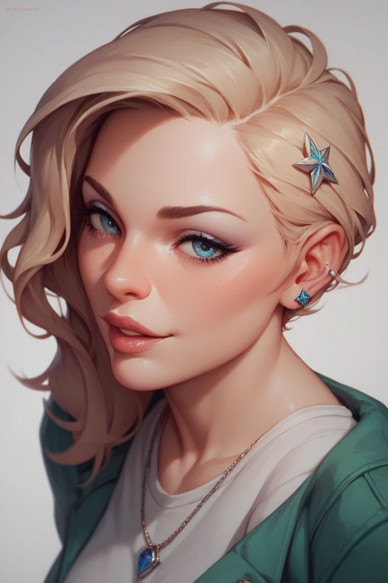 Mulher de cabelo loiro olhos verdes e rosto fino