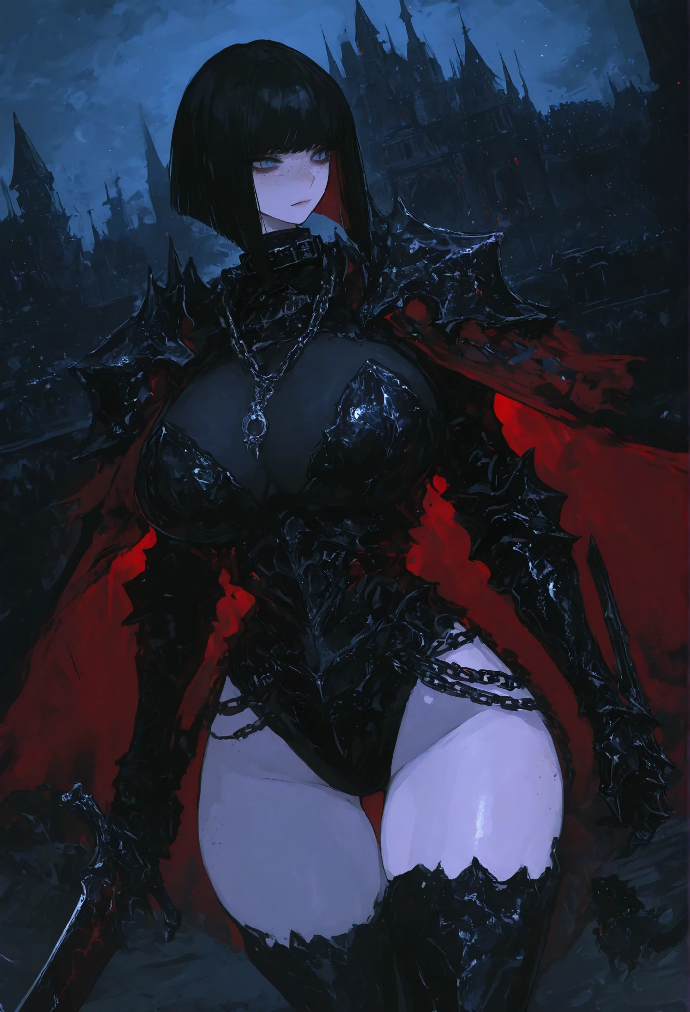 (masterpiece:1.2), (best quality:1.2), perfect eyes, perfect face, perfect lighting, 1girl, mature female standing on a bridge at night, pale skin, medium black hair, pompadour cut, drk_glam, armor, gauntlets, pauldrons, belt, straps, pelvic curtain, detailed background, emotionless, night time, red moon in the sky, makeup, eyeshadow, thick eyelashes <lora:darkKnightFashion_v10:1> <lora:fellatrixStyle_v1:0.6>