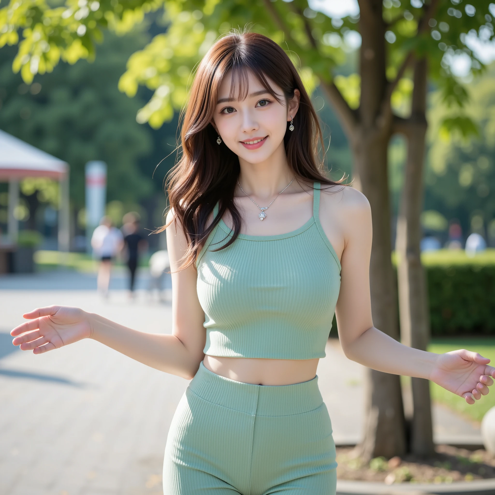 Beautiful young girl，Face lighting，最high quality， ((((Very smiling，camisole，hot pants，Beautiful feet，Sit on a bench，garden)))，非常にBeautiful detailsな顔, (Slender body:1.4), (Detailed face:1.2), Conceptual Art, high quality, Realistic, Very detailed CG 統合 8k 壁紙, Very detailed, High resolution raw color photos, Professional photography, Cinematic Light, Beautiful details, Super detailed, Advanced Details, Depth of written boundary, Super stylish lighting, (Beautiful small chest:1.2), Smooth and flawless skin, Expressive and captivating eyes, Well-defined facial features, A perfectly balanced face, Fine Details and Realistic Textures，Blurred Background、Round Glasses