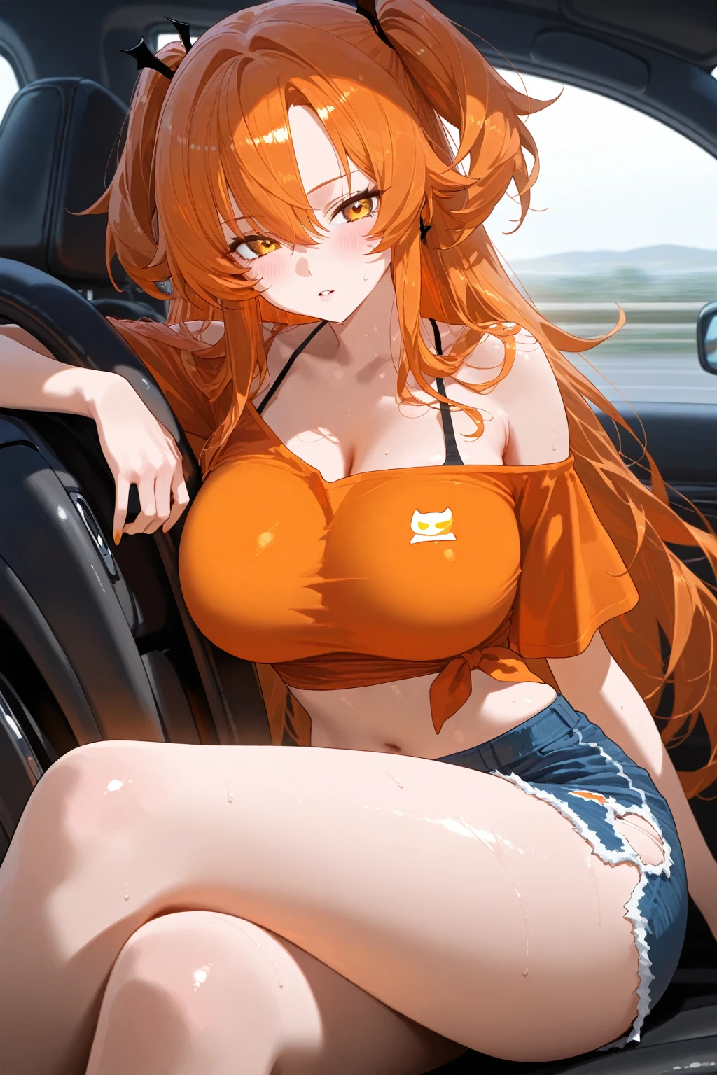masterpiece, absurdres, perfect lighting, highres, best quality, 1girl, <lora:carinterior:1>, carinterior, big breasts, cleavage, nipples, red hair, sunset, stap, window, from side, seatbelt,