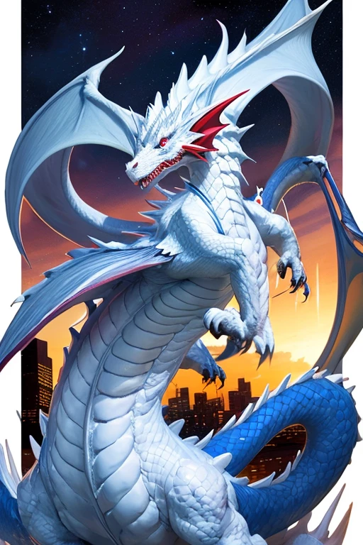 White dragon with blue eyes in a blue sky