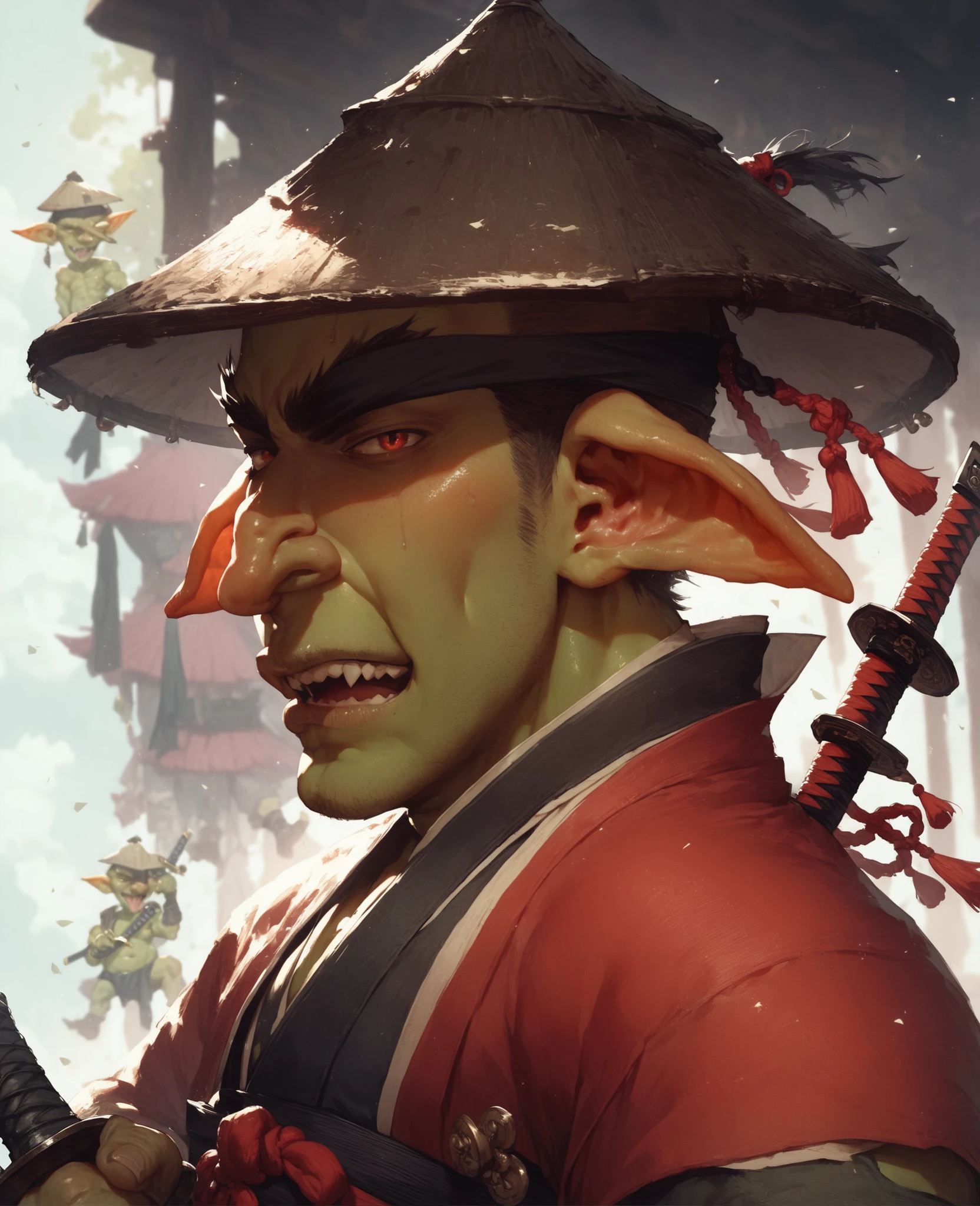 1 boy, goblin, green skin, fantasy,solo focus,epic, ronin, black ronin hat covering face, cool, Japanese ronin attire, 1 katana, black and red clothes