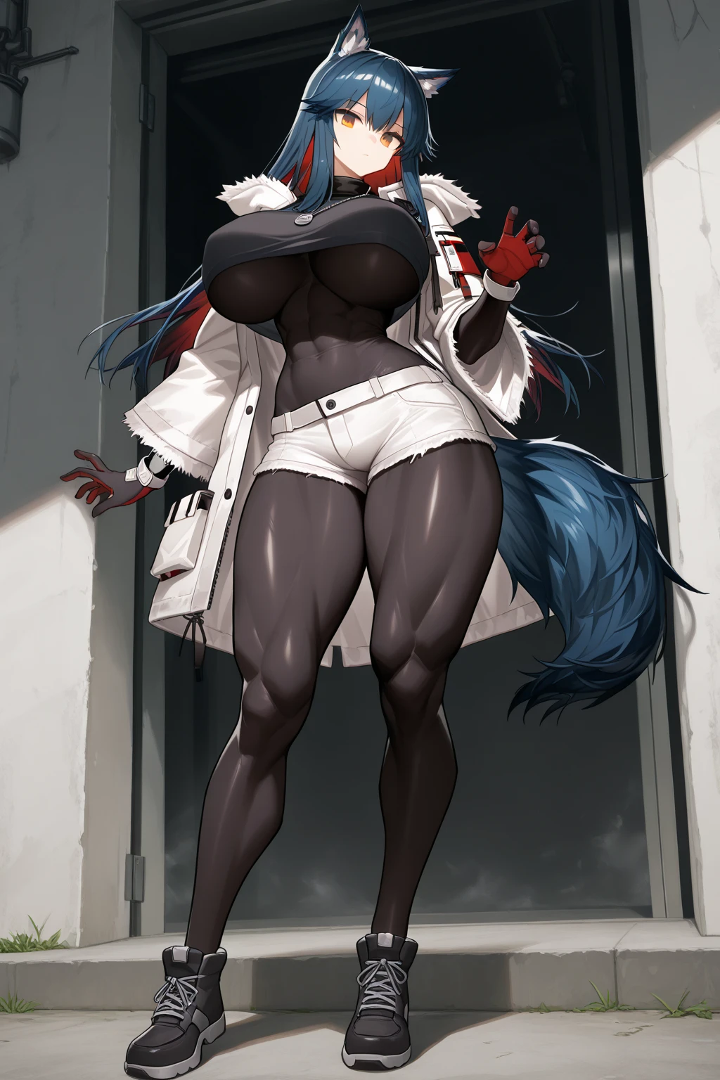 (High resolution, best quality, masterpiece), detailed, ultra detail, 1female, physically fit, curvy, slender body, fierce expression, dark eyes, (detailed eyes), Purple hair, short length hair, full body, ((dragon horns)), ((face: dragon scales)), face covered in scales, ((topwear: fur lined coat, bottomwear: tight jeans)), ashy background, part draconic, somber expression, inhuman, reptilian skin