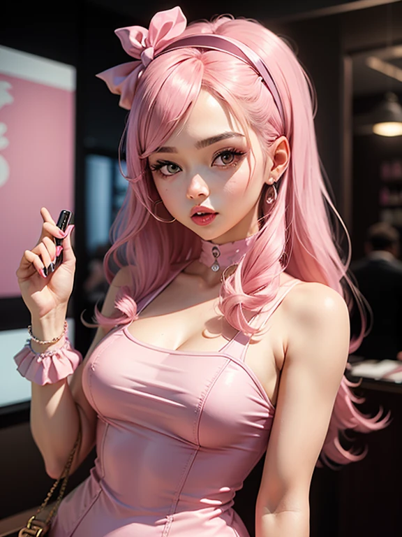 (Highest quality), Realistic, Beautiful Nurse,Gal,Hospital Bets,アイスを舐めてるGal,See-through costume,Nurse cap(short hair,Sharp bangs)Showing panties,(((Highest quality,Highest quality,8k images)))Pink Hair,High heels,