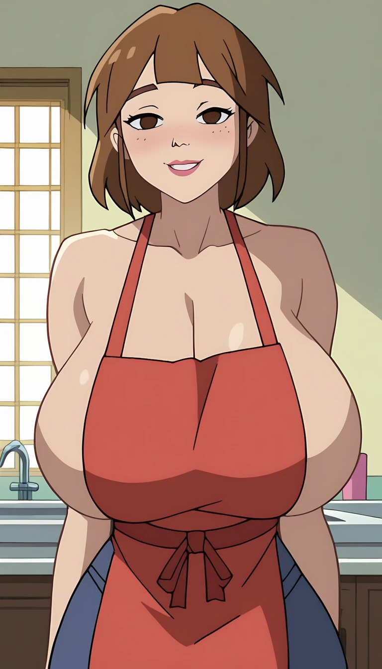 masterpiece, highest quality, High resolution, 1girl, 1boy, the man is naked, the man is skinhead, hetero, sex, sexual intercourse, Pornographic images, short hair, etsukoto, Brown eyes, fine grain, fine grain, (((Thick thighs, Plump thighs, Voluptuous thighs, Thighs alone are enough))), Huge and ample breasts, Cleavage, Huge long breasts, Naughty big,((Big breasts are important))、((Naughty thighs)), L Cup, (thin:1.4),(Tight waist:1.4), (Yellow Dress:1.4), ((white waist apron)), White panties, anguish, open mouth, blush, (((Simple Background))), ((Wide Hips)), Shiny, Oily skin, Mature mother, Calf, Seductive mature woman, Perfect body, Plus Size Model, etsukoto, blush, clavicle, retro artstyle, 1990s (style), vaginal sex, ((((the man is grabbing her , grabbing another’s breast by a man, arms up)))), ((nsfw)),
