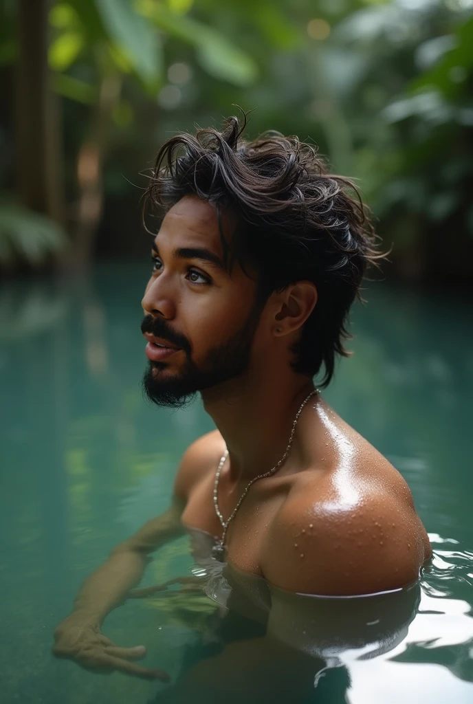 good looking male Black Hair Mushroom cut swimming