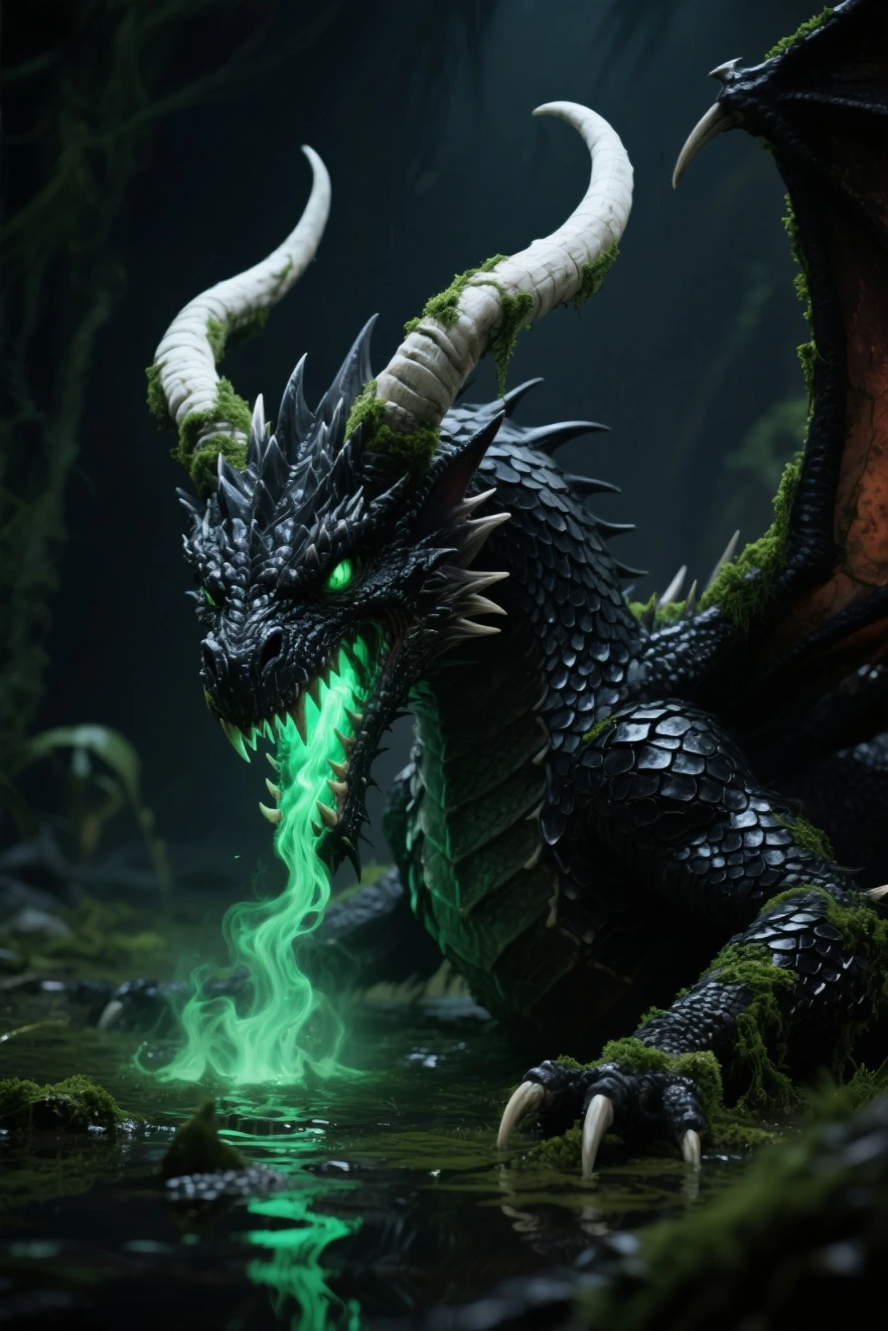 Show a little baby dragon sleeping on glowing logs. The dragon is green and surrounded by darkness. Only the logs and the dragon glow