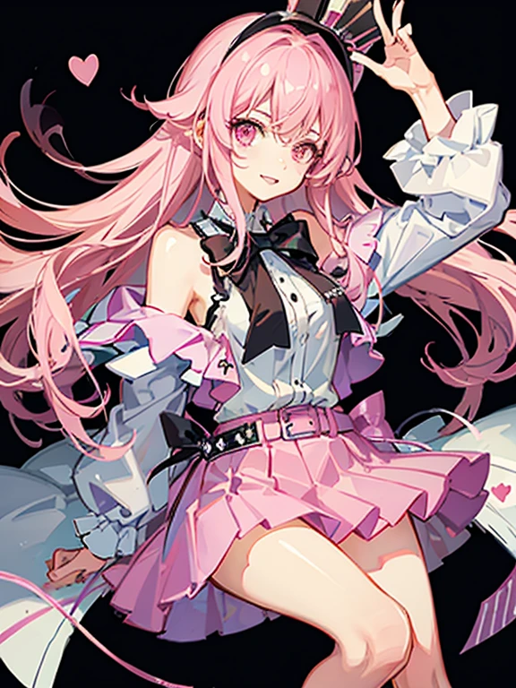 dstomoca, pink hair, very long hair, two side up, yellow eyes, small breasts, star hair ornament, hair bow, dress, bowtie, gloves, center cutout, single thighhigh