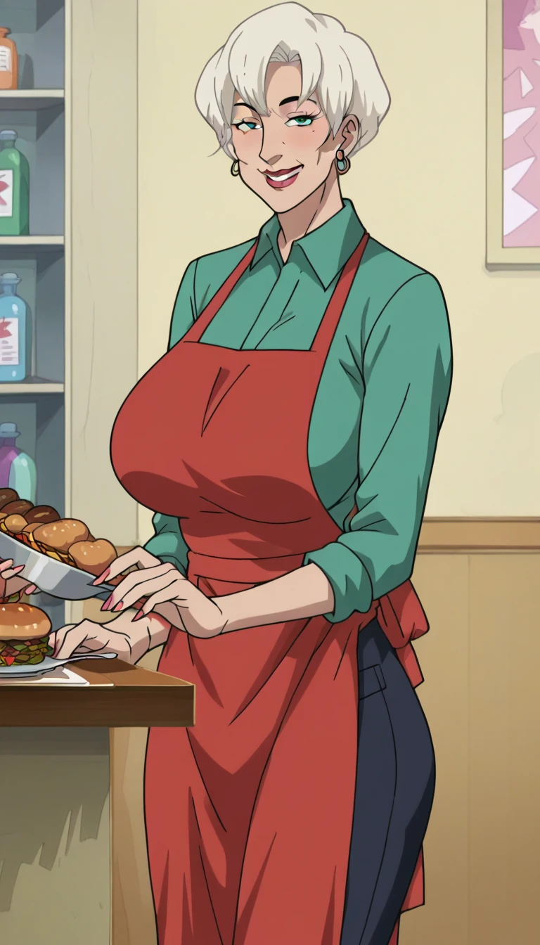 ((masterpiece, best quality, highres, UHD, perfect pixel, depth of field, 8k, RTX, HDR)), BREAK, 1girl, single, solo, beautiful anime girl, beautiful artstyle, anime character, ((long hair, red hair)), (purple:1.4, rounded eyes, beautiful eyelashes, realistic eyes),big breast, without clothes wearing only a white apron, covered in sweat, blushing, with a smile, BREAK, holding a bitten bread in the hand, sexy pose in a pastry shop with shelves with a lot of bread.