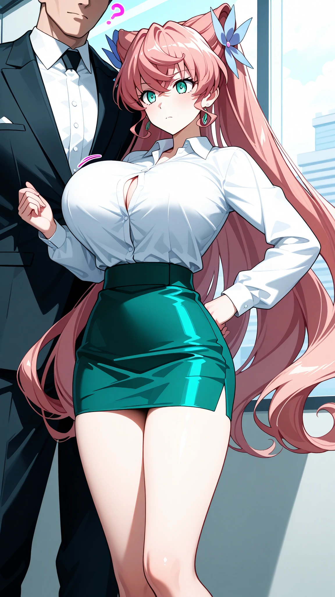 masterpiece, best quality, high detail, beautiful business woman, shy, blush, nervous smile,  solo focus, long wavy hair, pink hair, (black blazer), (black midi pencil skirt), ((long skirt)), wide hips, lower body, office interior, 
