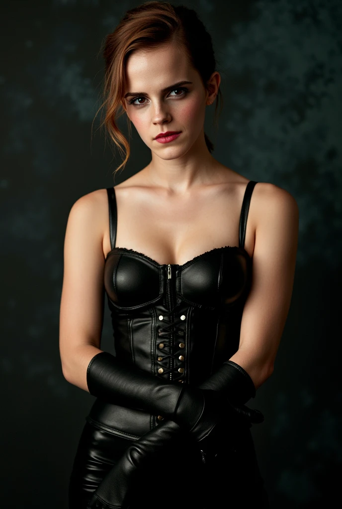 emma watson, Black Corset, Bondage, (in prison cell), Chained Woman, Full Body, ((arm behind back)), Chained Chain, ((Best Quality, 8k, Masterpiece: 1.3)), Sharp Focus: 1.2, Beautiful Woman in Perfect Shape: 1.4, Slender Abs: 1.2, ((Layer Cut, Big: 1.2)), (Rain, Street: 1.2), Wet Body: 1.5, Highly detailed face and skin texture, detailed eyes, very short hair, BDSM, slave, rubber, bdsm