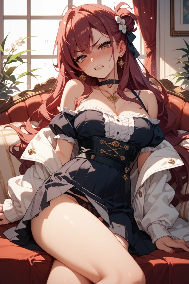 1girl, Squatting pose, Complicit gaze, <lora:lupusregina_beta-10:0.8> lupusregina_beta, hat, large breasts, choker, thighhighs, blush, dress, cleavage, black dress, sexy, adult, ((detailed)), ((best quality)), ((masterpiece)),  (hires, high resolution:1.3), beautiful face, intricate, (detailed background, light colors, sunlight, natural light, soft shadows), (soft lighting, cinematic light, professional lighting, studio Lighting), extremely detailed CG unity 8k wallpaper, 32k, focus sharp,  <lora:add_detail:0.8> <lora:CosmicEyes:0.5>
