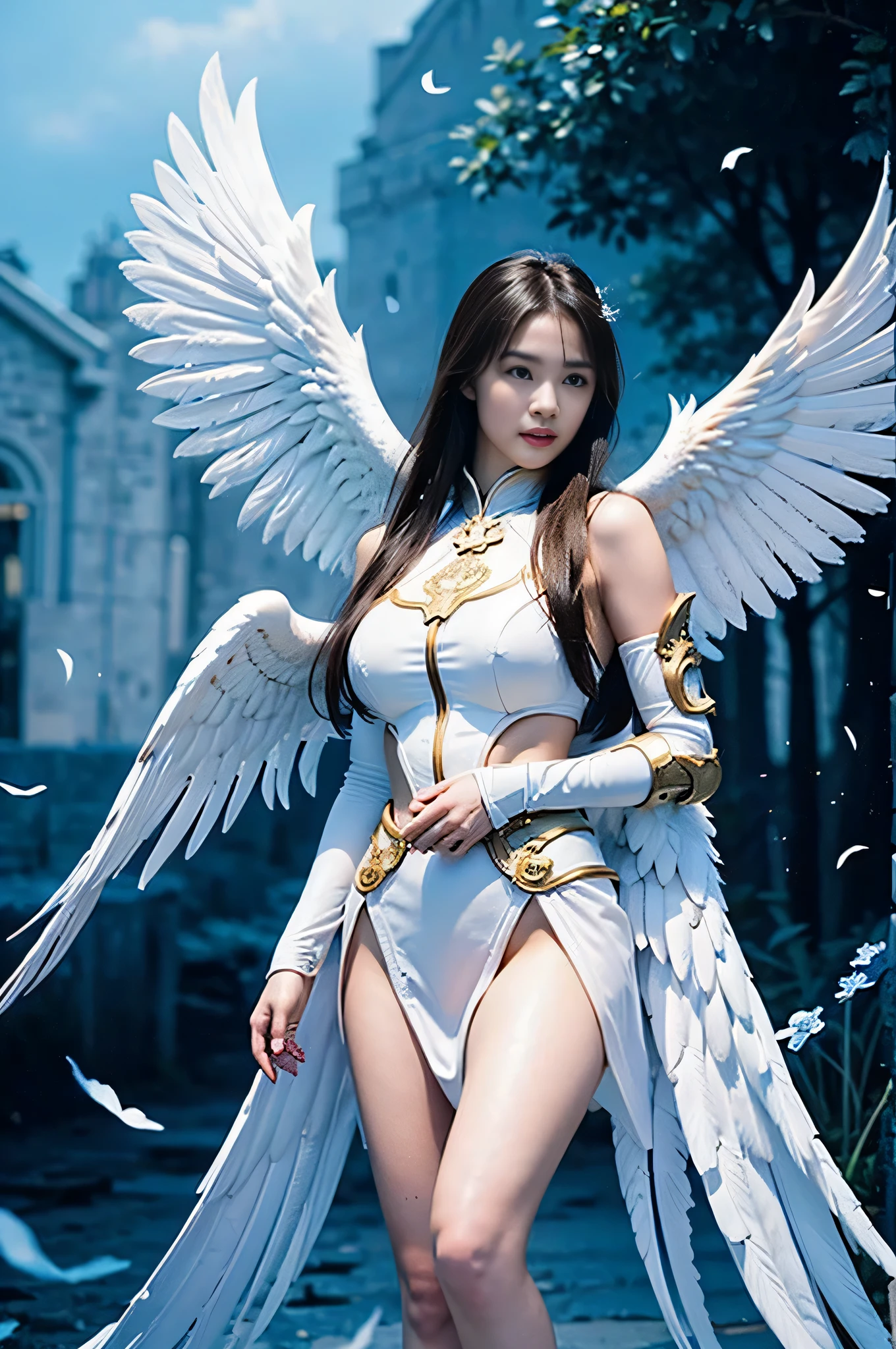 It depicts a beautiful medium-sized busted woman flying full body with large wings in intricate white and gold armor. The armor is highly detailed and beautiful. Decorated with intricate designs and patterns. She has long flowing black hair that contrasts beautifully with the metallic color of the armor. The background is dark and blurred to ensure that the focus remains on the armor.