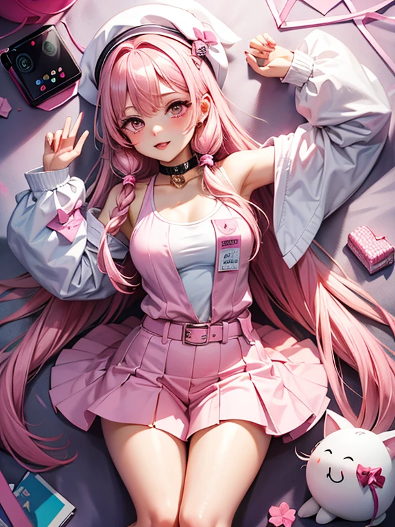 long pink shirt with a kitten drawn on it, no pants with panties showing, long pink hair,short girl, little tits, lying on the sofa with a sexy pose, holding the cell phone, naked, with hair in the vagina