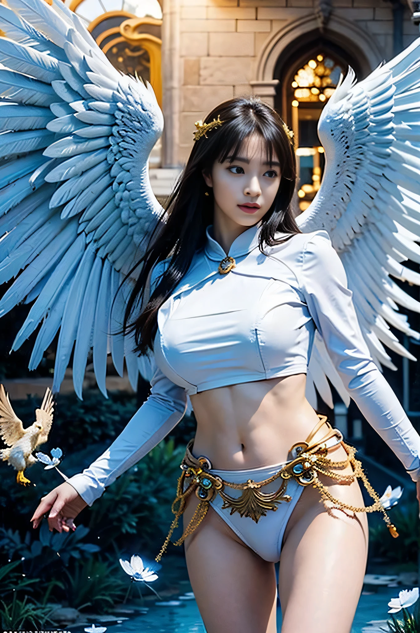 Indonesia cute teen girls, short dress in white and gold,with wings and a sword, wearing(dark) hijab,showing big breast,((take Sword)), (wearing gold wing crown), ((gemstone:1.2), ((Wing-shaped gold ornament on the head)), ornate cosplay, as a mystical valkyrie, the sailor galaxia, beautiful, anime cosplay, glamourous cosplay, with fiery golden wings, cosplay, professional cosplay, goddess of light, facing forward body angel, cosplayer, perfect makeup, perfect face, beautiful face, beautiful body,full-body shot,showing big breasts,showing vagina ,closed legs, ((sky background)), (flying body:1.0), (jewels:1.2), (Emitting light), (flying flowers:1.0), above clear water, of heaven, smog, sunny weather