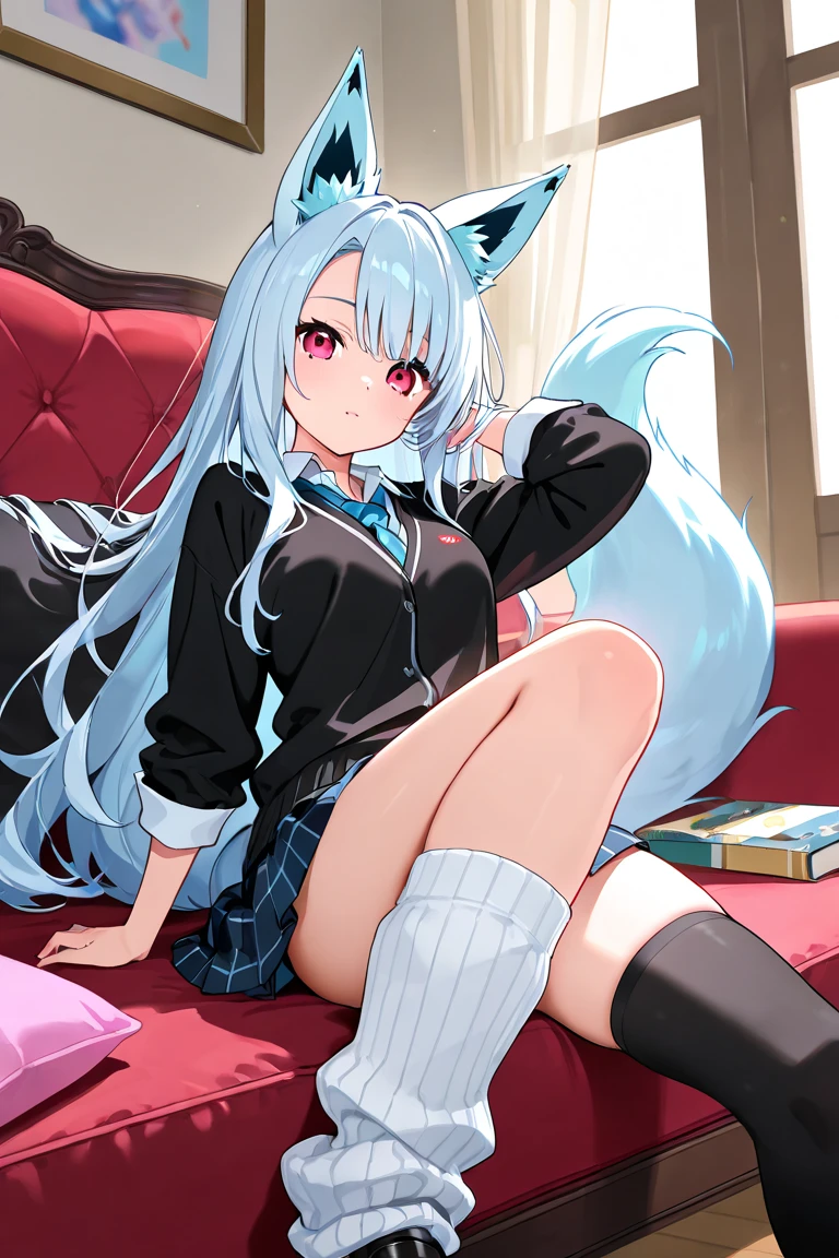 Girl long white hair blue eyes blush on face in PC gaming room Short pleated skirt long stockings cat hoodie black great quality 8k very detailed image perfect anatomy full body